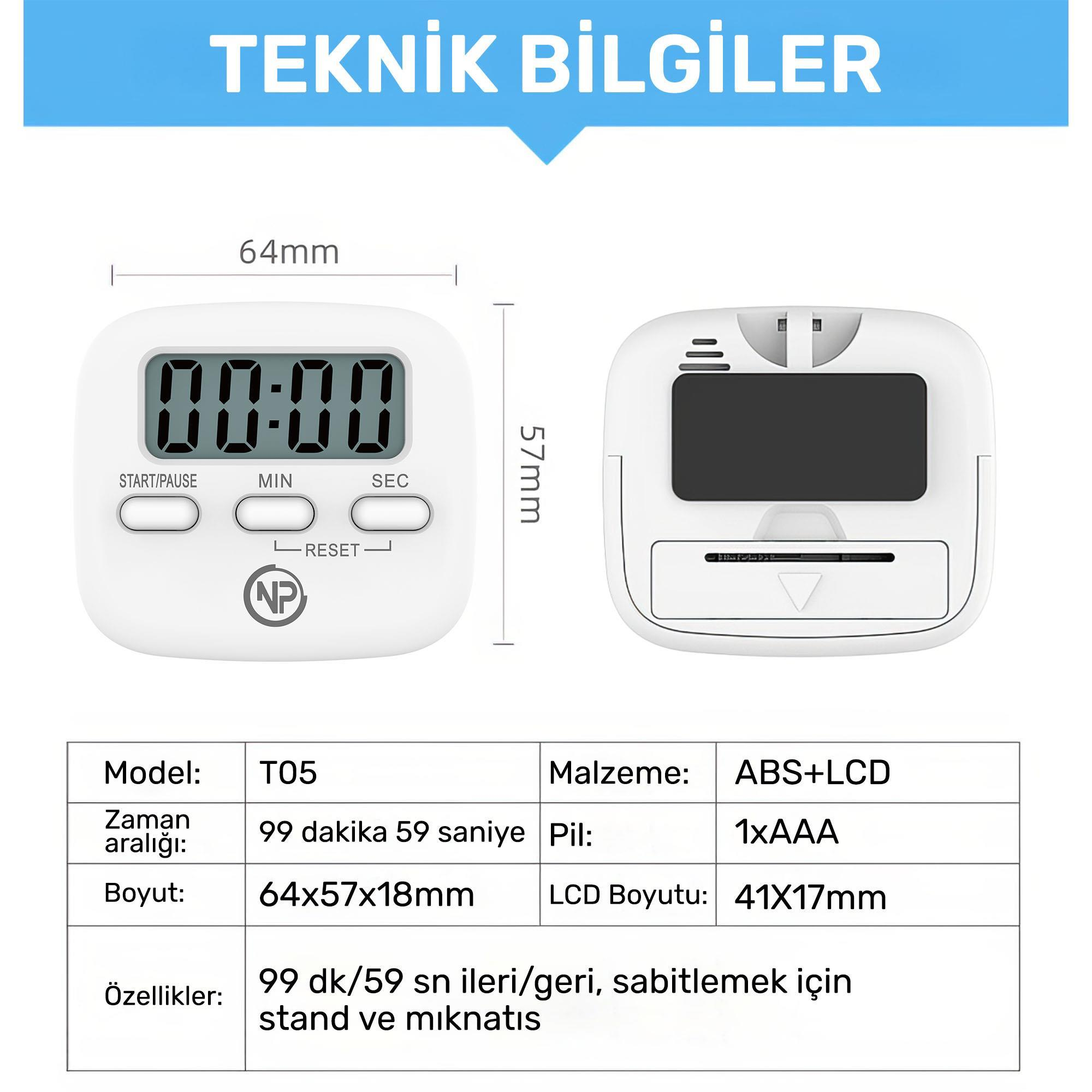 Ölçümleri ve teknik özellik tablosu olan beyaz dijital zamanlayıcı. Saat 00:00'ı gösterir. Metin: Teknik Bilgiler (Teknik Bilgiler).