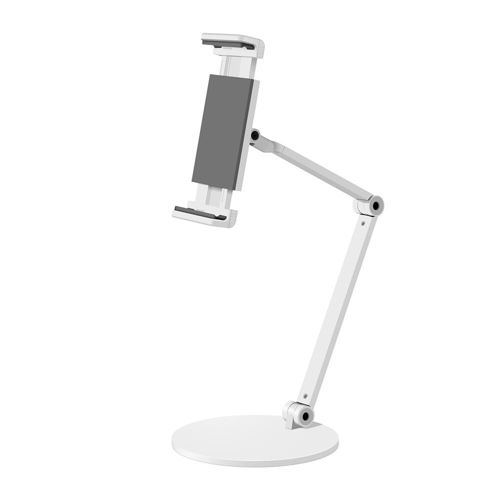 Gri bir tablet tutan, ayarlanabilir kolu ve dairesel tabanı olan beyaz bir tablet standı.