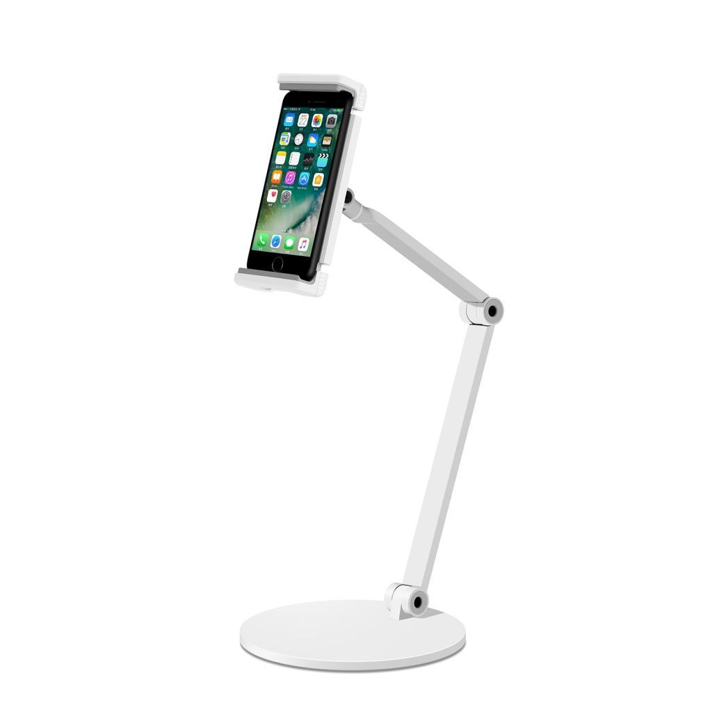 Uygulamaları gösteren bir iPhone ile beyaz bir telefon standı. Stand, yuvarlak bir tabana, ayarlanabilir bir kola ve bir telefon tutucusuna sahiptir.