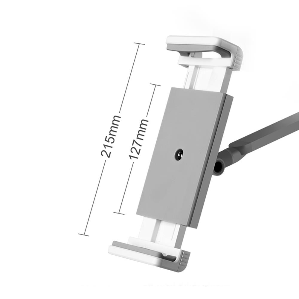 215mm ve 127mm ölçülerinde gri bir tablet tutucu. Döner bir kolu var ve beyaz ve gri renklerde.
