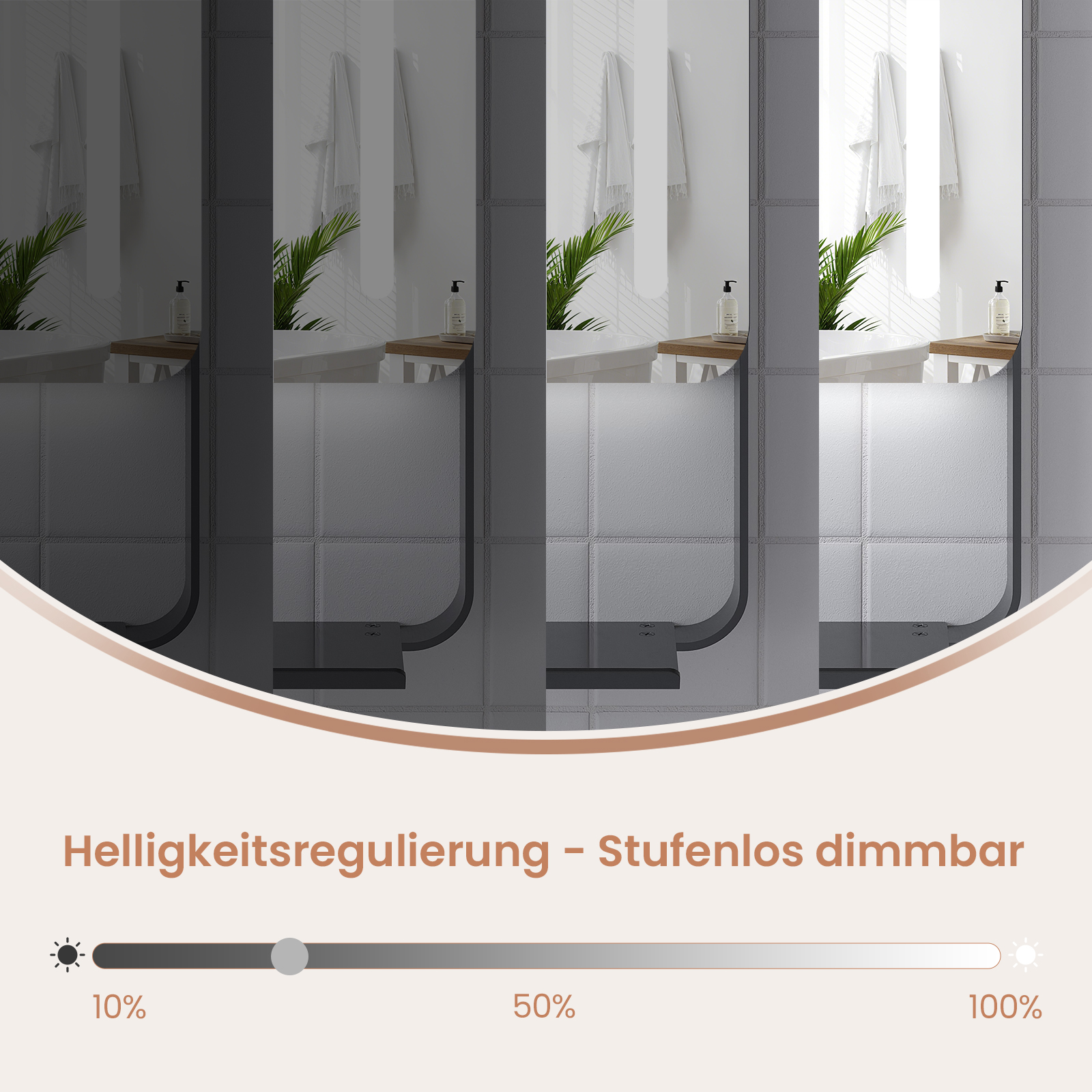 Das Bild zeigt eine Badeszene mit unterschiedlichen Helligkeitsstufen, eine Helligkeitsregelungsleiste und Text zum Dimmen.