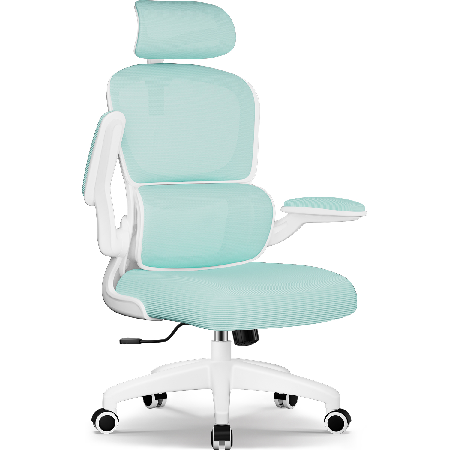 Ein ergonomischer Bürostuhl. Er hat ein weißes Gestell und eine helltürkise Netzfläche für Sitz und Rücken. Der Stuhl steht auf einem weißen Untergestell mit Rollen.