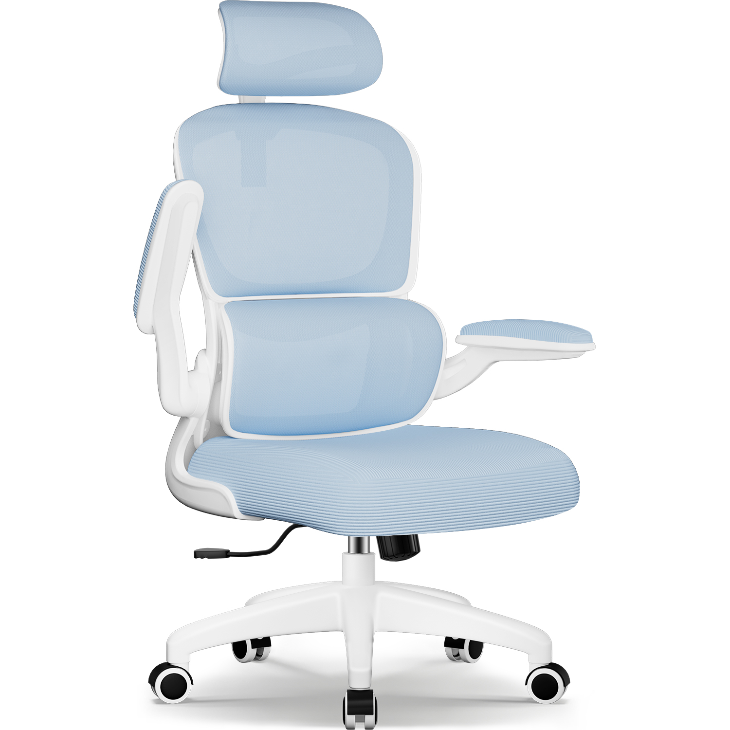 Ein moderner ergonomischer Bürostuhl. Er hat eine hellblaue Netzrückenlehne und Sitzfläche, mit weißem Rahmen und Armlehnen. Der Stuhl hat Räder.