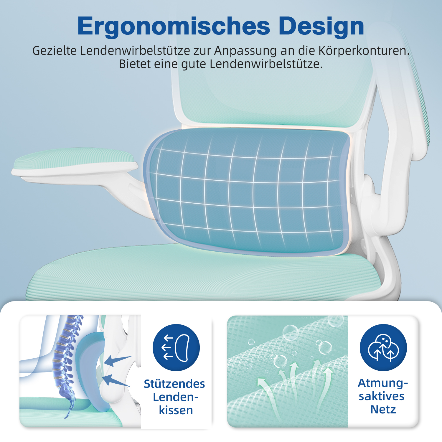Ein ergonomischer Stuhl mit Lendenwirbelstütze. Zeigt ein blaues Gitterdesign auf der Rückenlehne mit Symbolen, die die Funktionen erklären.