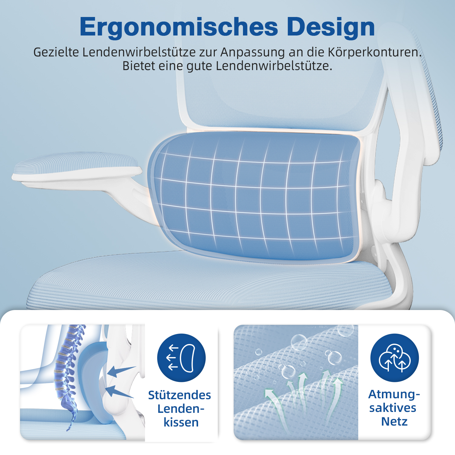 Ein ergonomischer Stuhl mit Lendenwirbelstütze. Zeigt ein blaues Kissen mit Gittermuster und Diagramme zur Rückenstütze und atmungsaktivem Mesh.