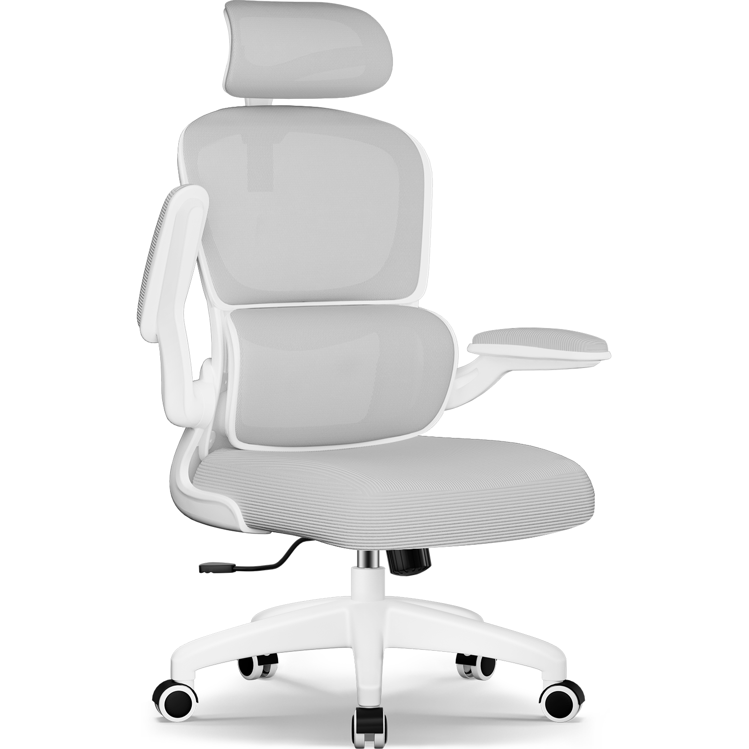 Ein moderner ergonomischer Bürostuhl. Er hat ein weißes Gestell, eine graue Netzrückenlehne und Sitzfläche, verstellbare Armlehnen und eine Kopfstütze.