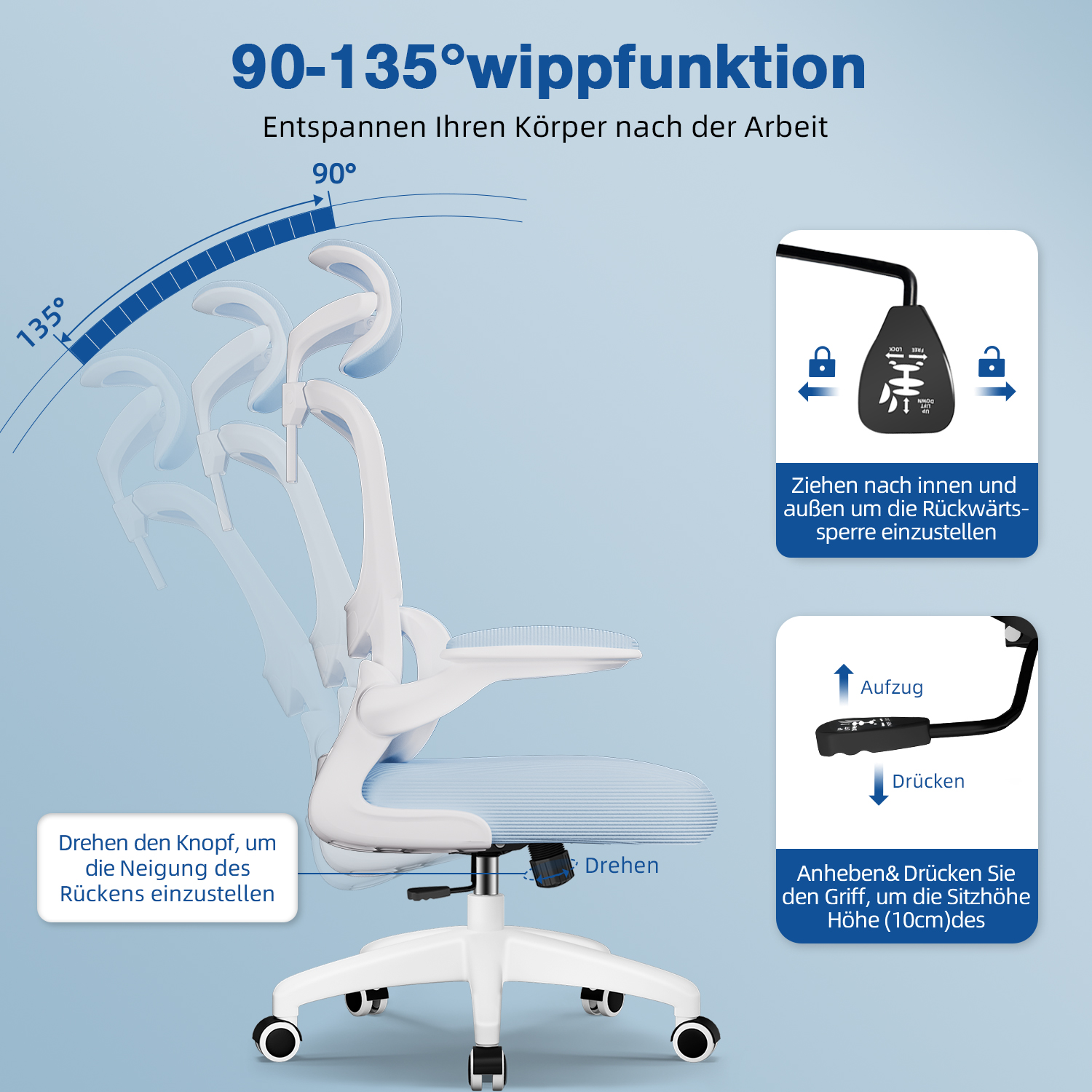 Ein weißer ergonomischer Stuhl mit blauem Sitz. Er hat verstellbare Funktionen wie Rückenlehnenwinkel, Höhe und Neigungssperre. Anweisungen sind enthalten.