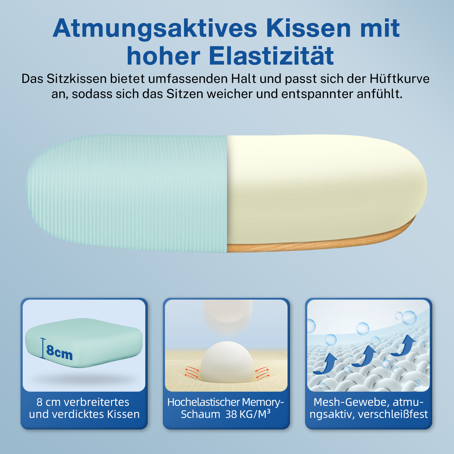 Das Bild zeigt ein Kissen mit hoher Elastizität. Es hat drei Merkmale: 8 cm dick, hochelastischer Memory-Schaum und atmungsaktives Mesh.