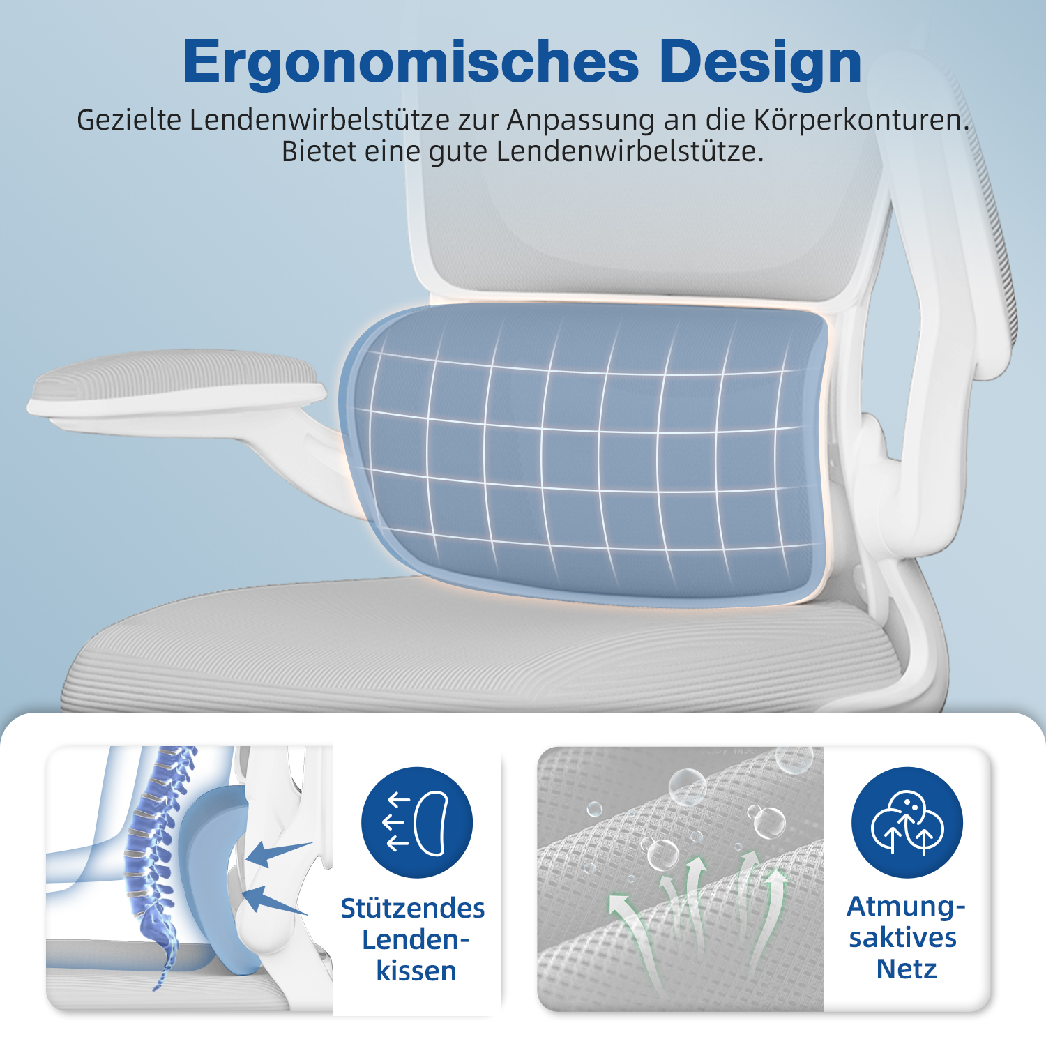 Ein ergonomischer Stuhl mit blauem Lendenwirbelstützkissen, weißem Rahmen und Diagrammen, die Rückenunterstützung und atmungsaktives Mesh zeigen.