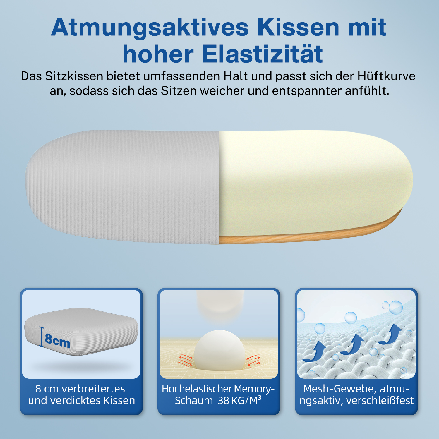 Das Bild zeigt ein Kissen mit hoher Elastizität. Es hat drei Abschnitte, die das Kissen, Memory-Schaum und atmungsaktives Meshgewebe zeigen.