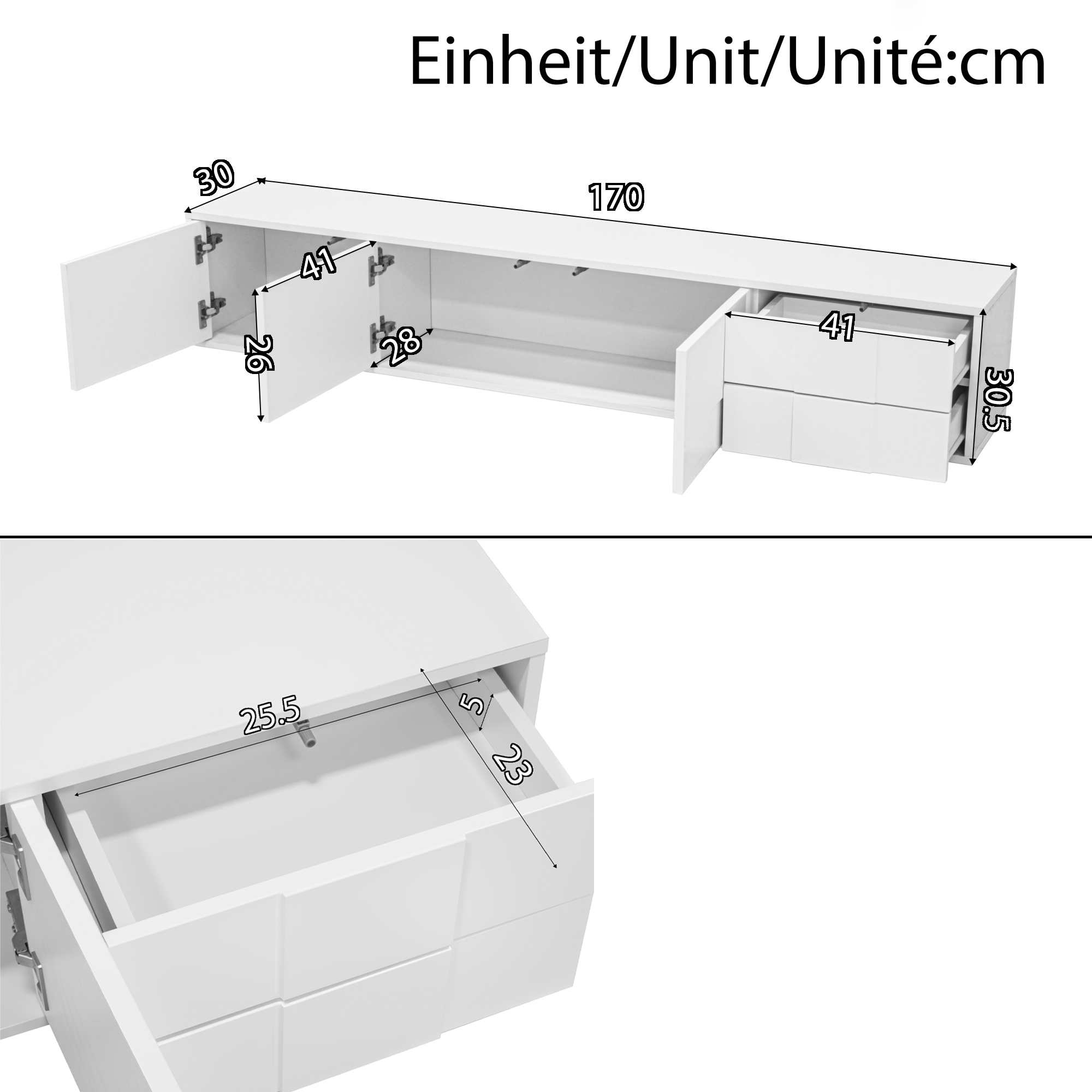 Diagramm eines weißen Schranks mit Maßen. Enthält Schubladen, Türen und Maße in Zentimetern.