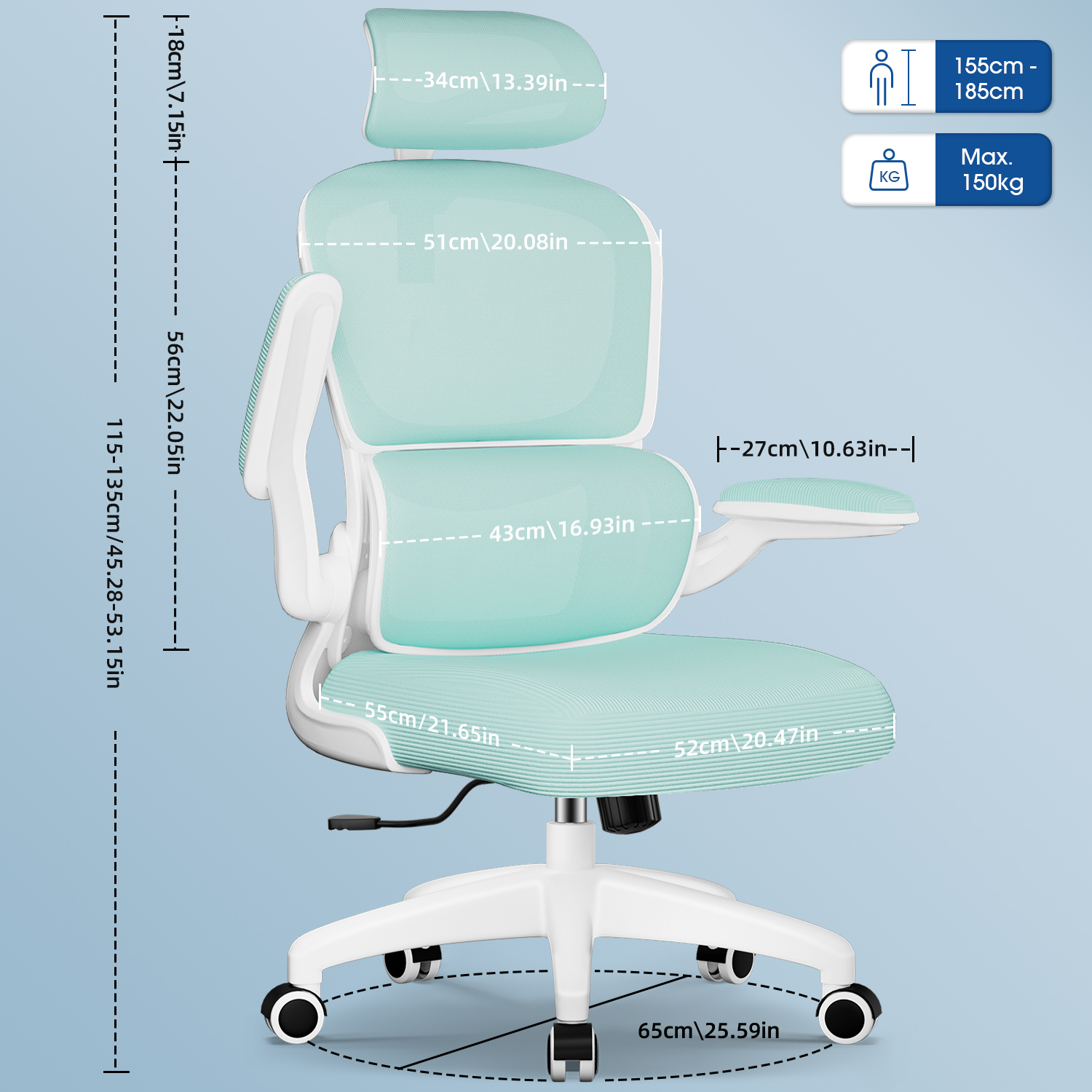 Ein ergonomischer Bürostuhl in Weiß und Türkis, mit Maßangaben. Zu den Merkmalen gehören eine Kopfstütze, eine Rückenlehne und ein Sitz.