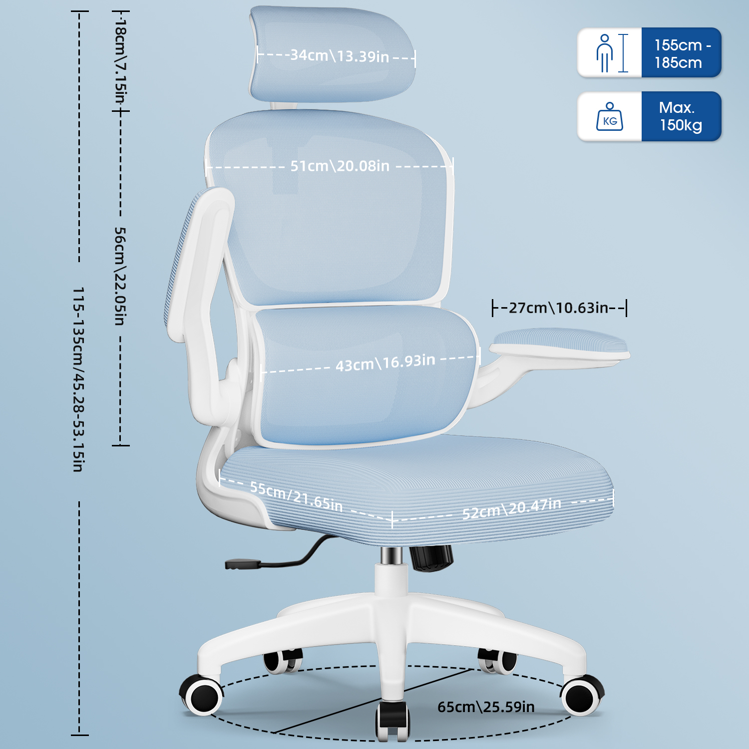 Blau-weißer ergonomischer Bürostuhl. Abmessungen und Spezifikationen werden angezeigt, einschließlich Höhe und Gewichtskapazität.