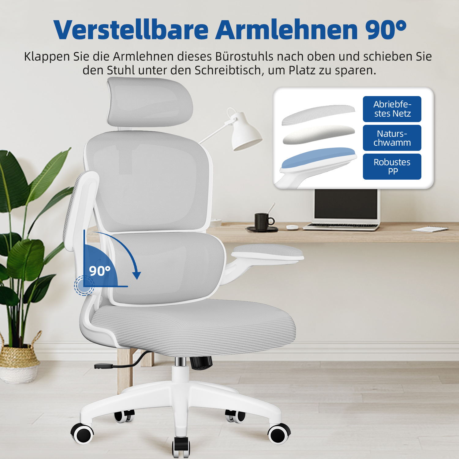 Ein weißer und grauer Bürostuhl. Zeigt die verstellbaren Armlehnen und die Rückenlehne. Ein Diagramm zeigt die 90-Grad-Einstellung.