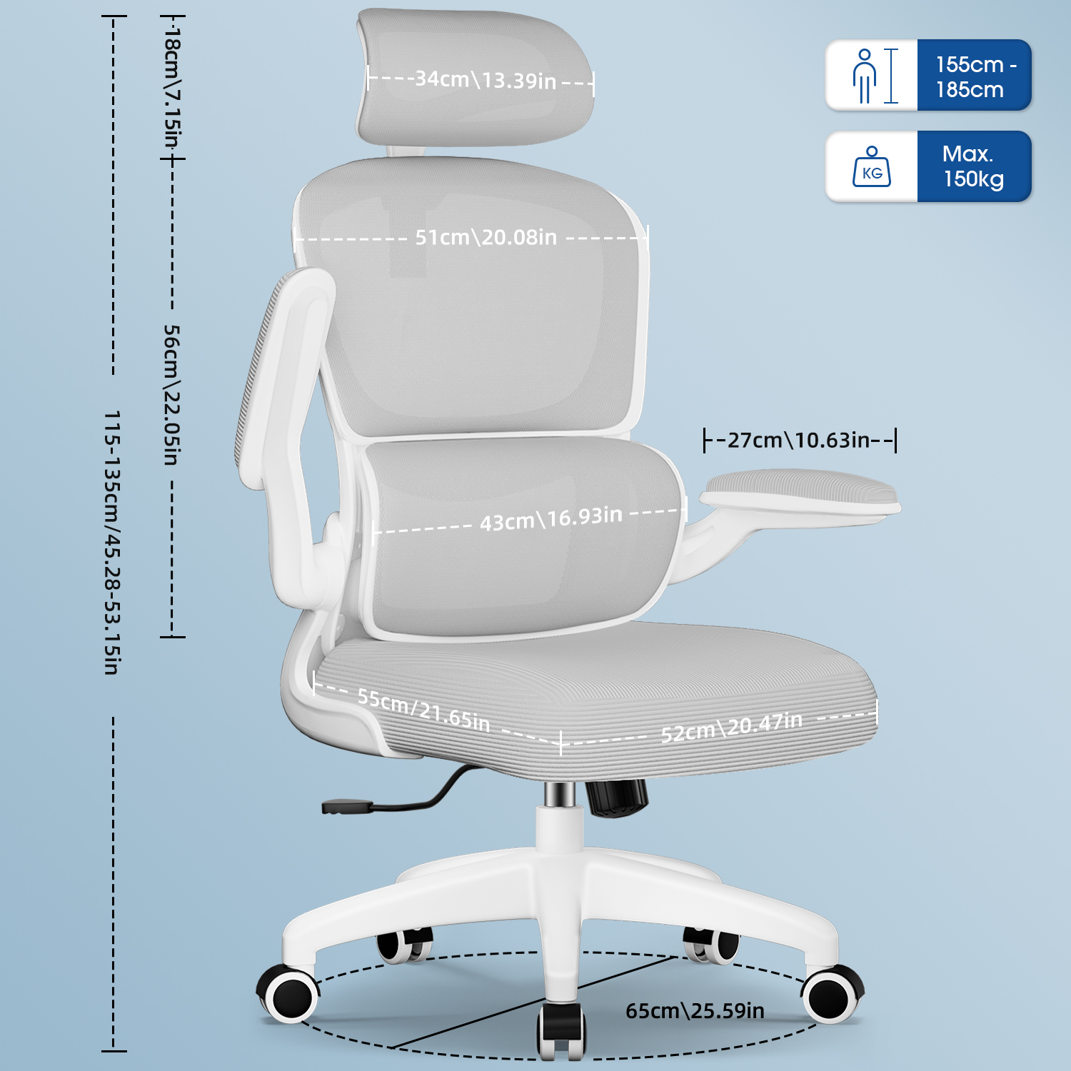 Ein ergonomischer Bürostuhl in Weiß und Grau, mit Maßangaben. Details umfassen Höhe, Breite und maximale Gewichtskapazität.