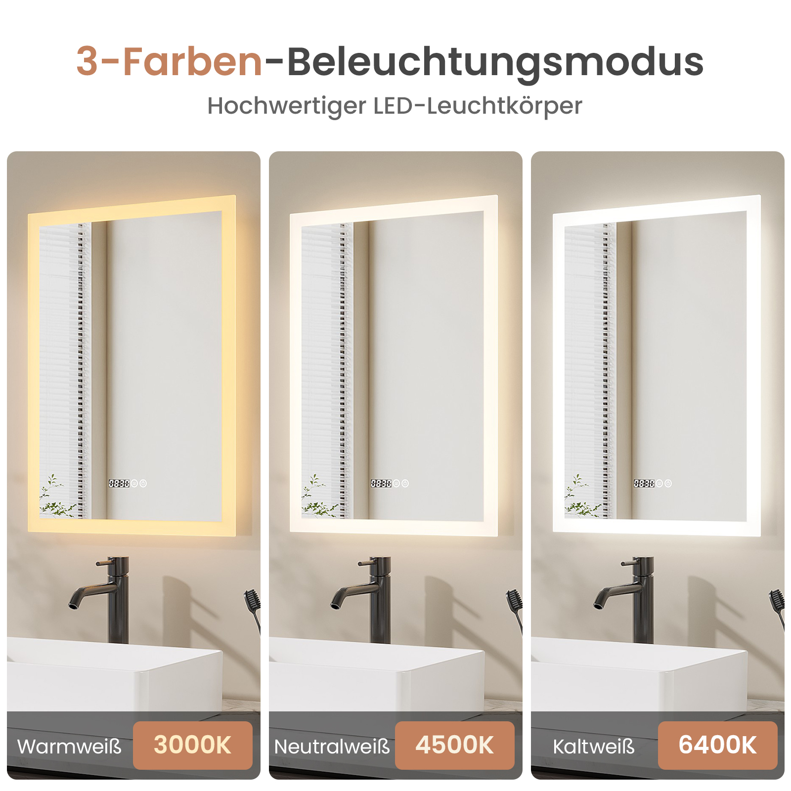 Drei beleuchtete Spiegel mit verschiedenen Farbtemperaturen. Jeder zeigt ein Waschbecken, einen Wasserhahn und eine Digitaluhr.