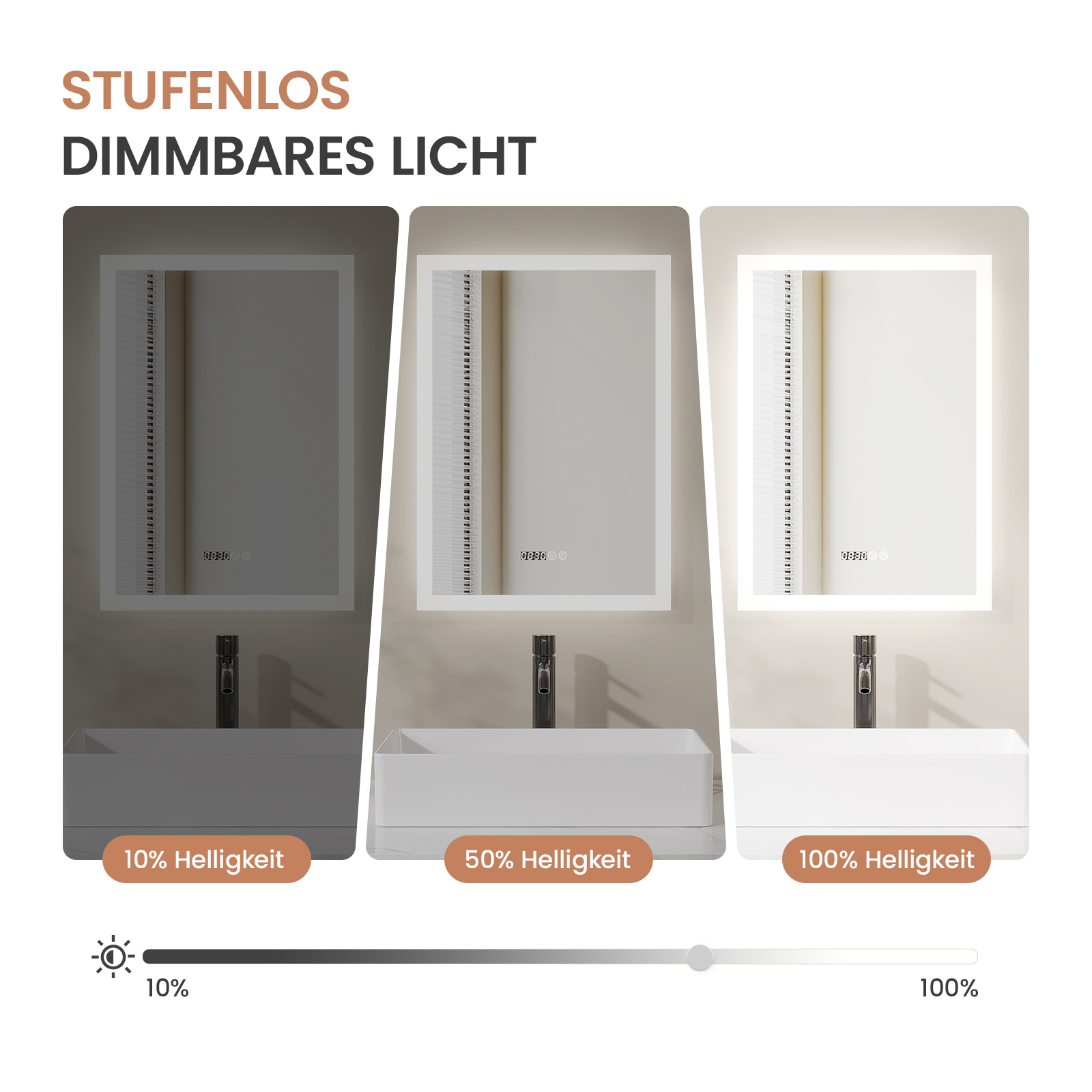 Das Bild zeigt einen Spiegel mit einstellbarer Lichtintensität, von gedimmt bis hell, mit einem Waschbecken darunter.