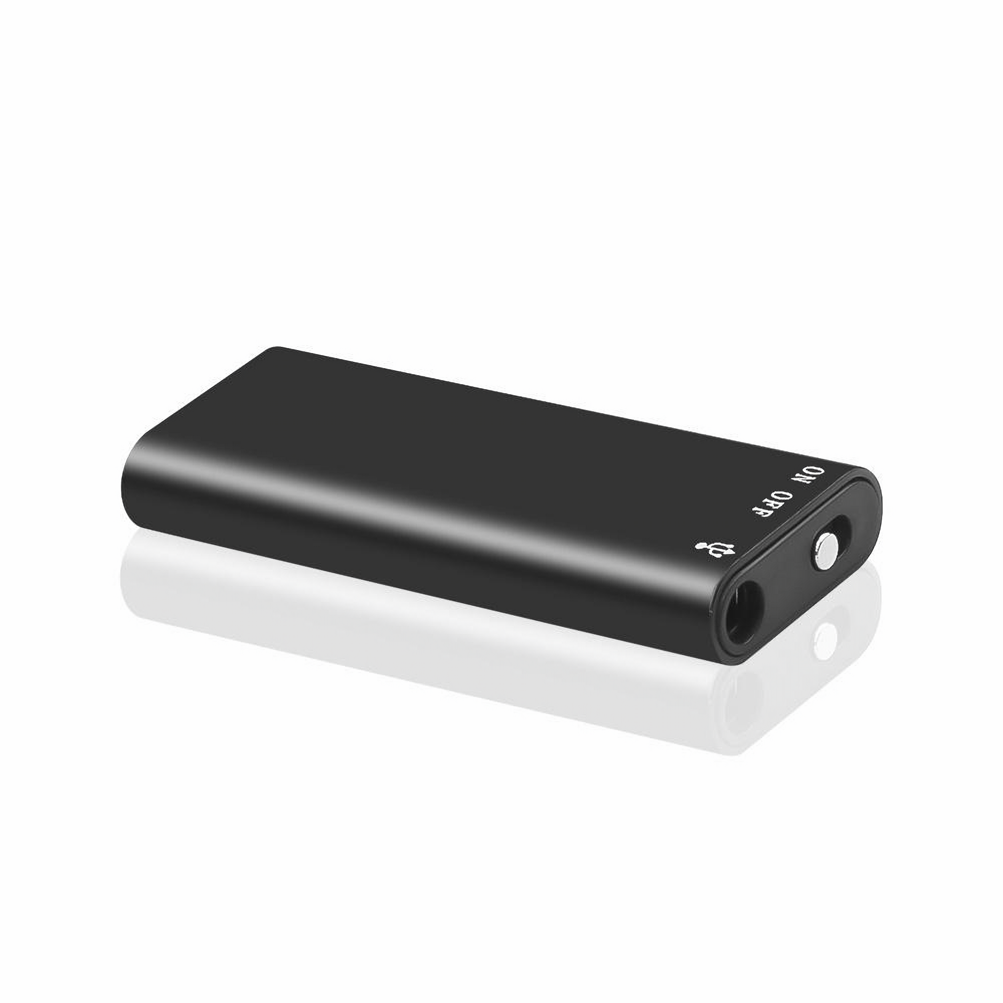 Ein schwarzes rechteckiges Gerät mit der Aufschrift 'ON OFF' sowie USB- und Audioanschlüssen. Ein weißer Hintergrund.