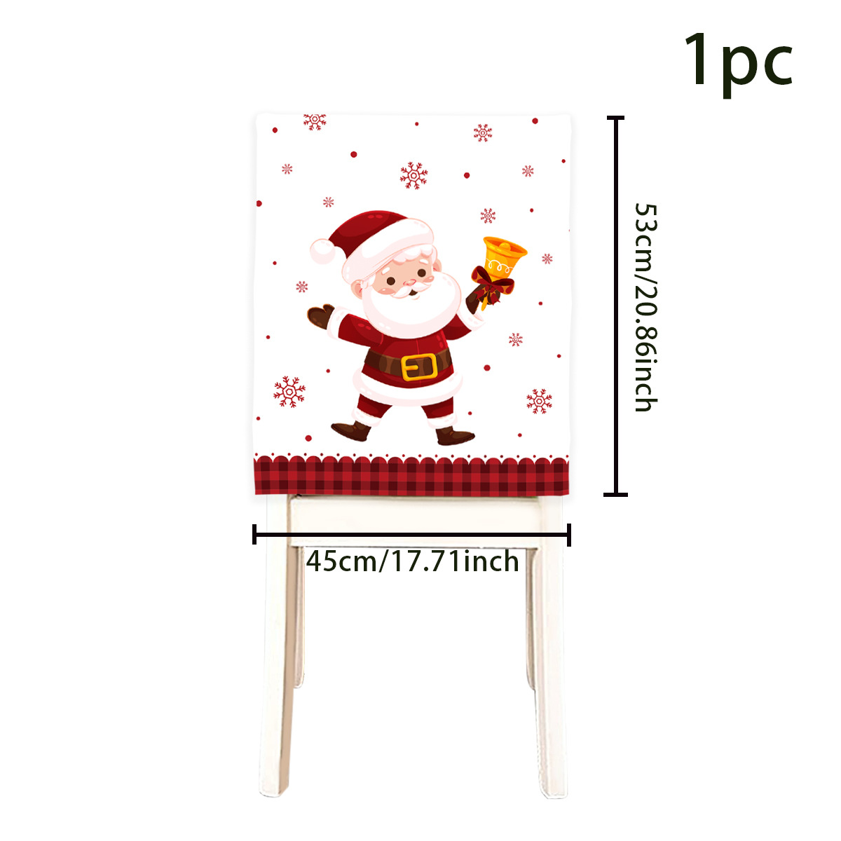Stuhlabdeckung mit Weihnachtsmann-Design, weißer Hintergrund mit Schneeflocken, rot-weiß karierter unterer Rand, Abmessungen sind 45x53cm.