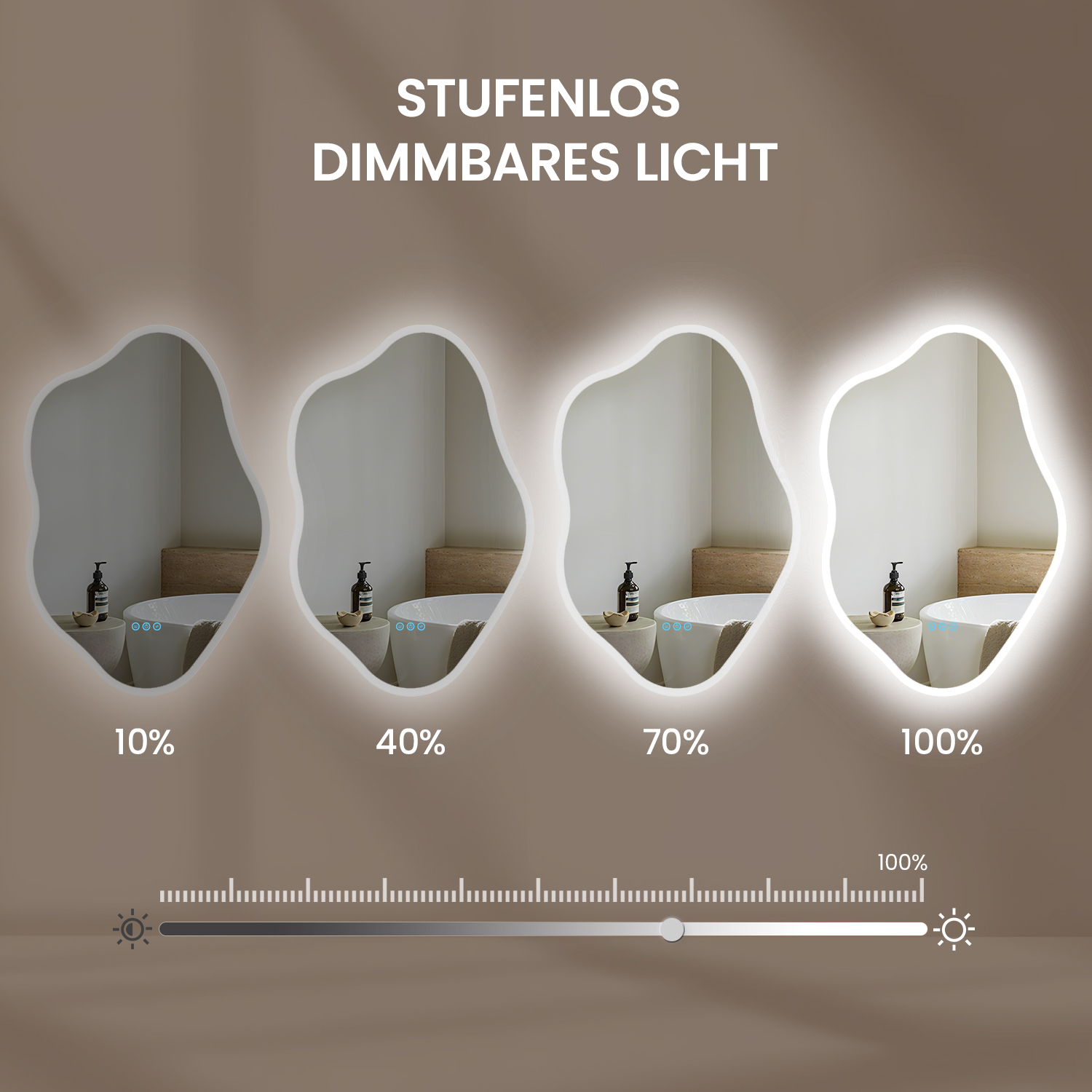 Das Bild zeigt vier Spiegel mit unterschiedlicher Lichtintensität, eine Steuerleiste und den Text 'STUFENLOS DIMMBARES LICHT'.