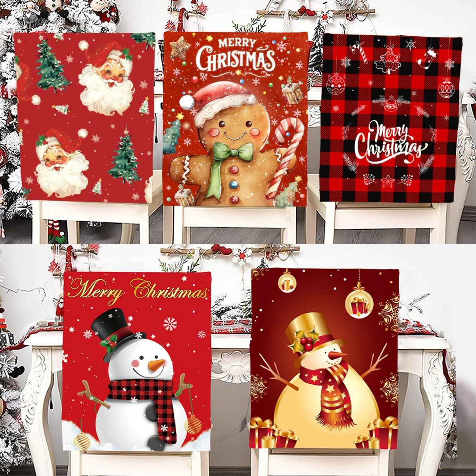 Weihnachtliche Stuhlhussen mit Weihnachtsmann, Lebkuchenmann, Karomuster, Schneemann und Schneemann mit goldenem Hut.