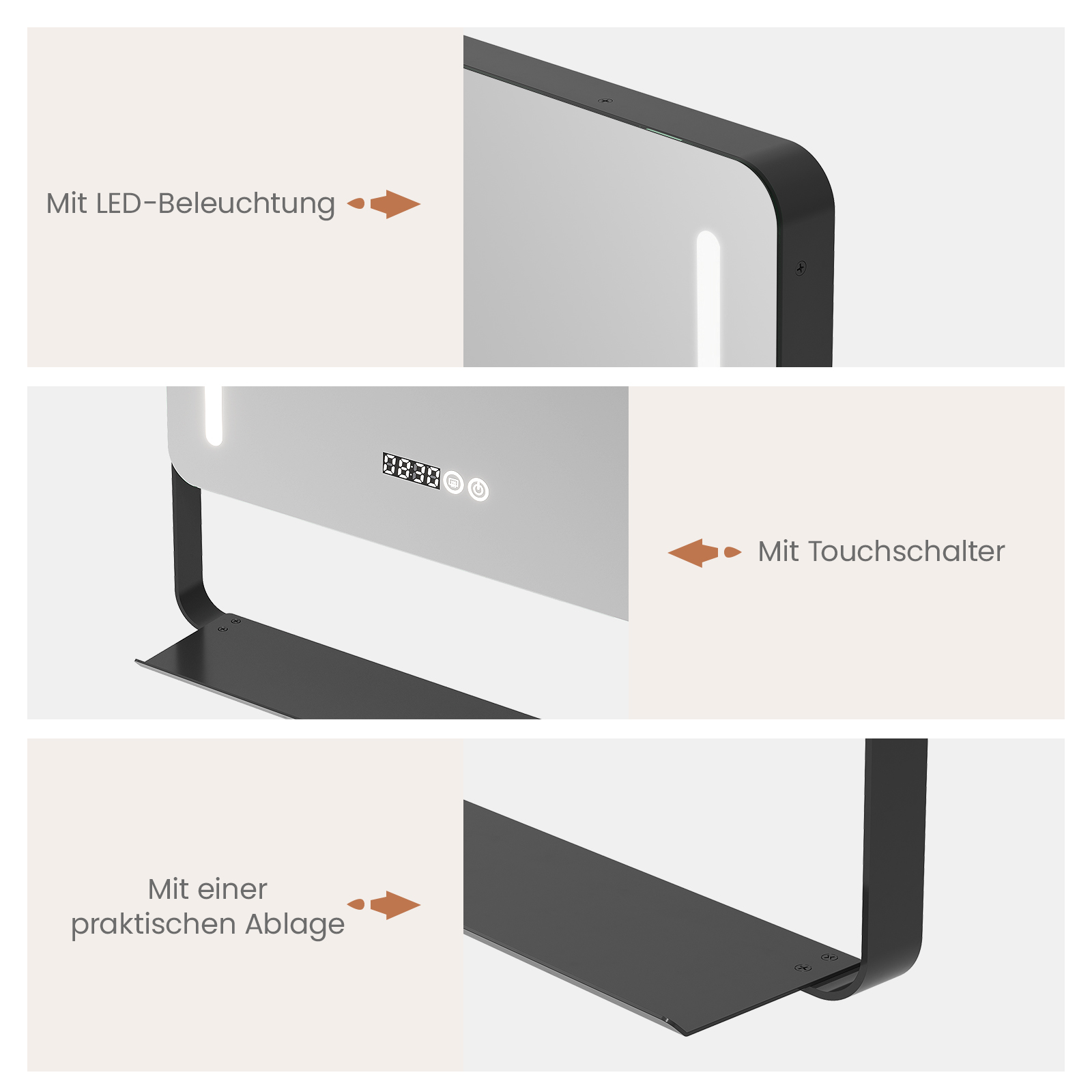 Ein moderner Spiegel mit LED-Beleuchtung, Touch-Schalter und praktischer Ablage. Der Spiegel ist schwarz und weiß.