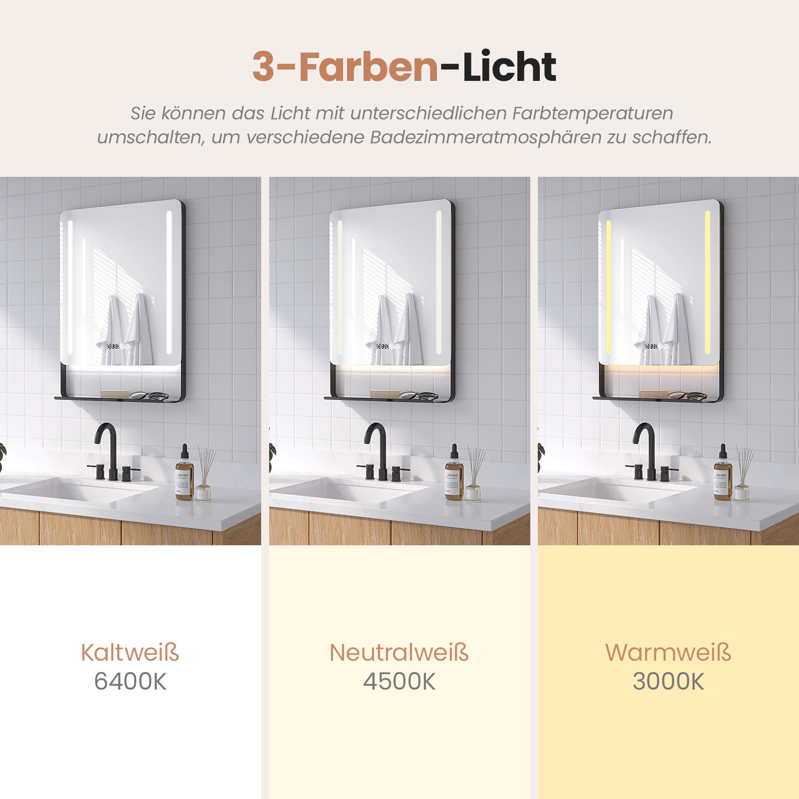 Drei beleuchtete Spiegel mit unterschiedlichen Lichttemperaturen über Waschbecken. Farben von Weiß bis Gelb, mit Text darunter.