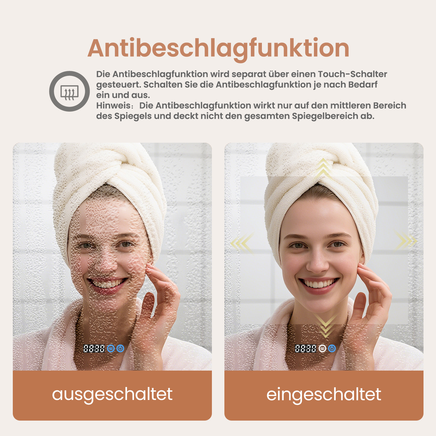 Eine Frau mit Handtuch auf dem Kopf. Das linke Bild ist beschlagen, das rechte klar. Text: 'Antibeschlagfunktion'.