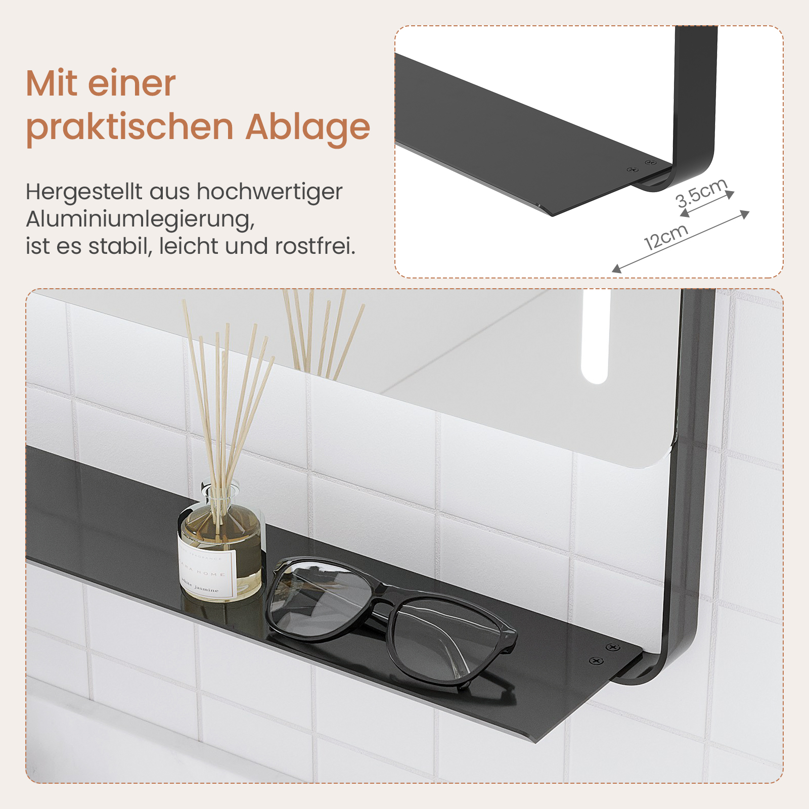 Schwarzes Regal mit Brille und Duftflasche. Weiße geflieste Wand im Hintergrund.
