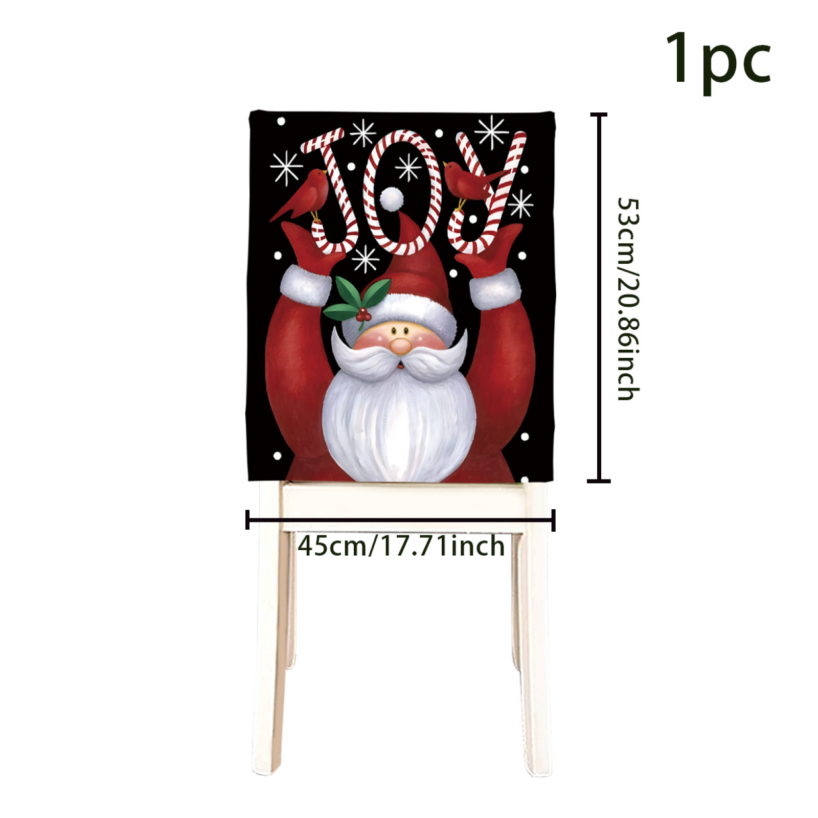 Stuhlabdeckung mit Santa Claus-Bild. Rote und weiße Farben. Das Wort JOY. Schwarzer Hintergrund. Weihnachtsdekoration.