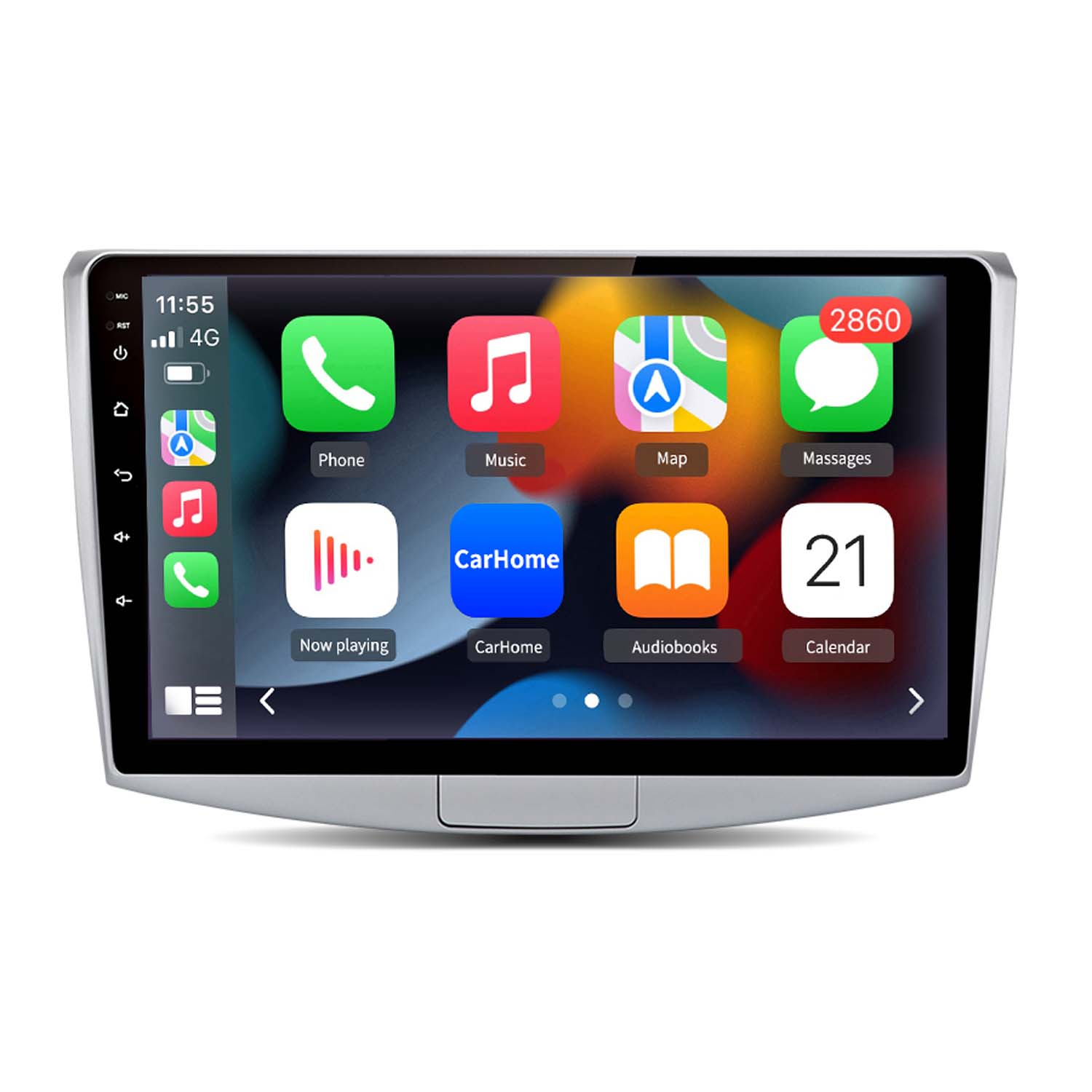 Multimedia-Bildschirm im Auto zeigt App-Icons wie Telefon, Musik, Karte und Nachrichten. Zeigt Uhrzeit, Signal und Kalender.