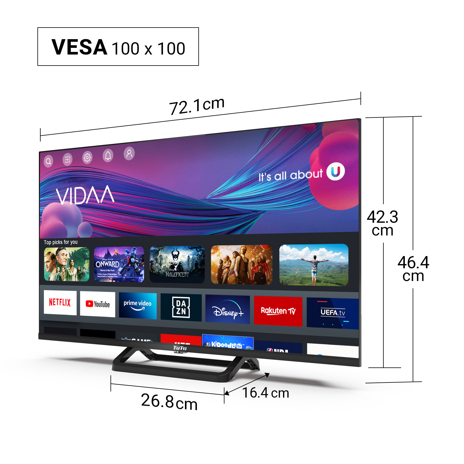 A TV screen displays a streaming service interface. Dimensions are shown. The TV has a stand. The VESA size is 100x100.