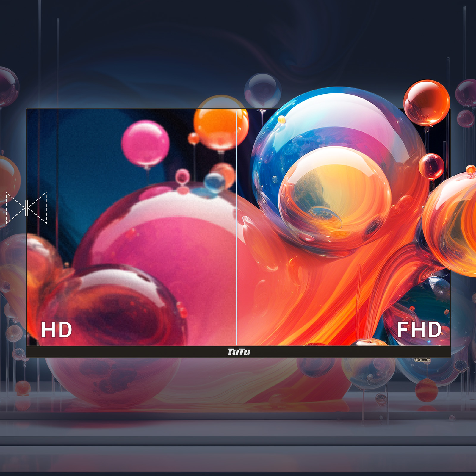 A monitor displays HD and FHD images. Colorful spheres float around it, creating a vibrant, abstract background.