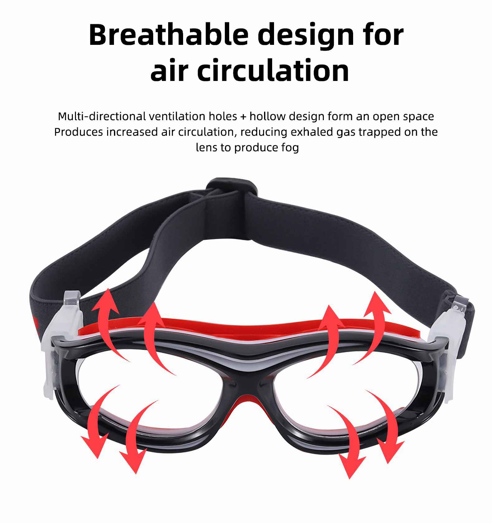 Schwarze und rote Schutzbrille mit Riemen. Pfeile zeigen die Luftzirkulation an. Text: 'Atmungsaktives Design für Luftzirkulation'.