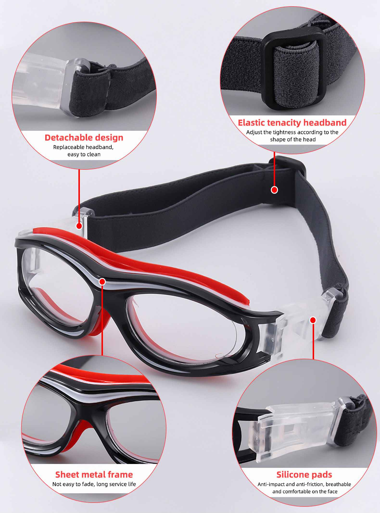 Nahaufnahme einer Sportbrille mit roten, schwarzen und weißen Akzenten, mit einem schwarzen, verstellbaren Riemen und klaren Gläsern.