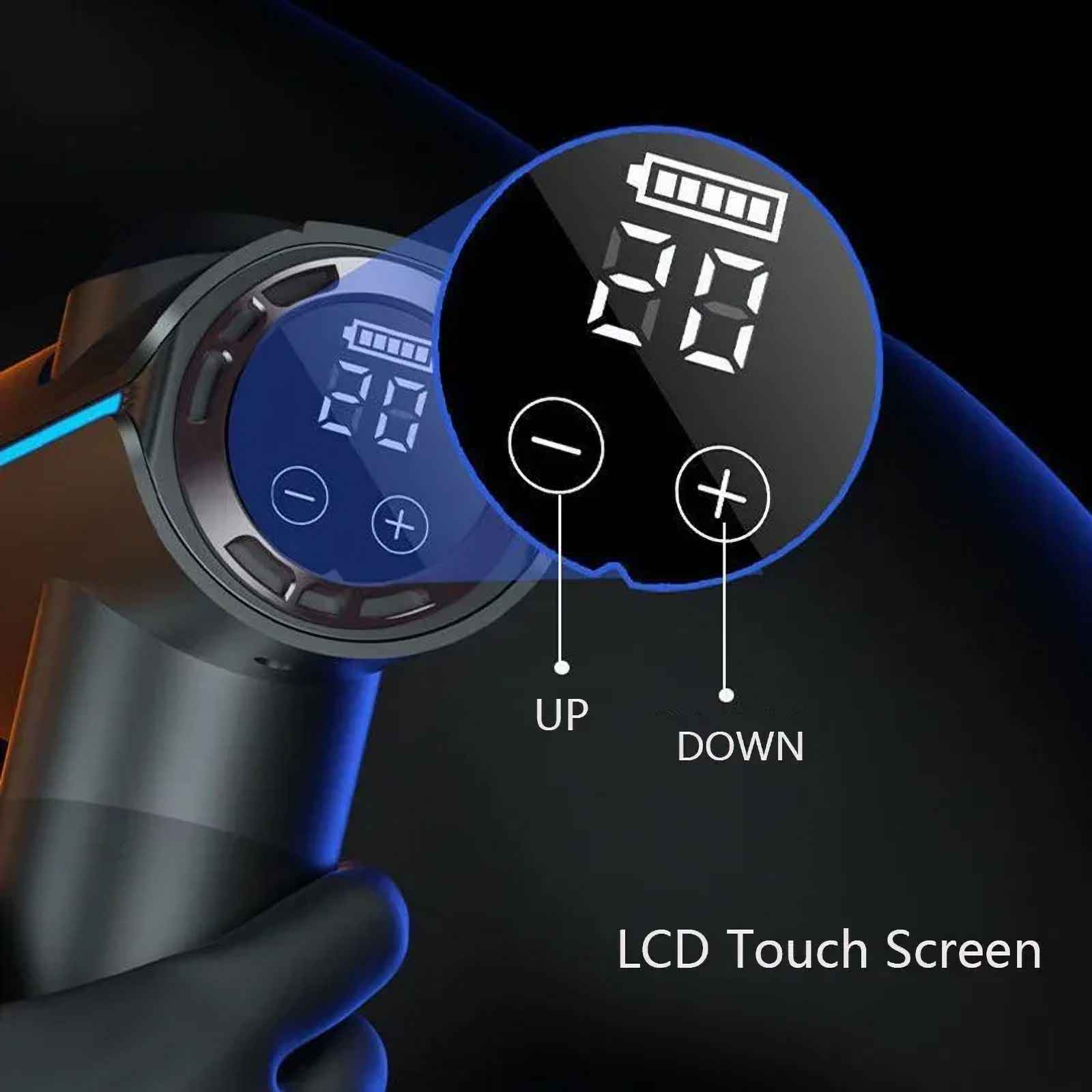 Nahaufnahme eines Geräts mit zwei Bildschirmen, die die Zahlen 20 und 28 anzeigen. Hat Auf- und Ab-Tasten und die Wörter LCD-Touchscreen.