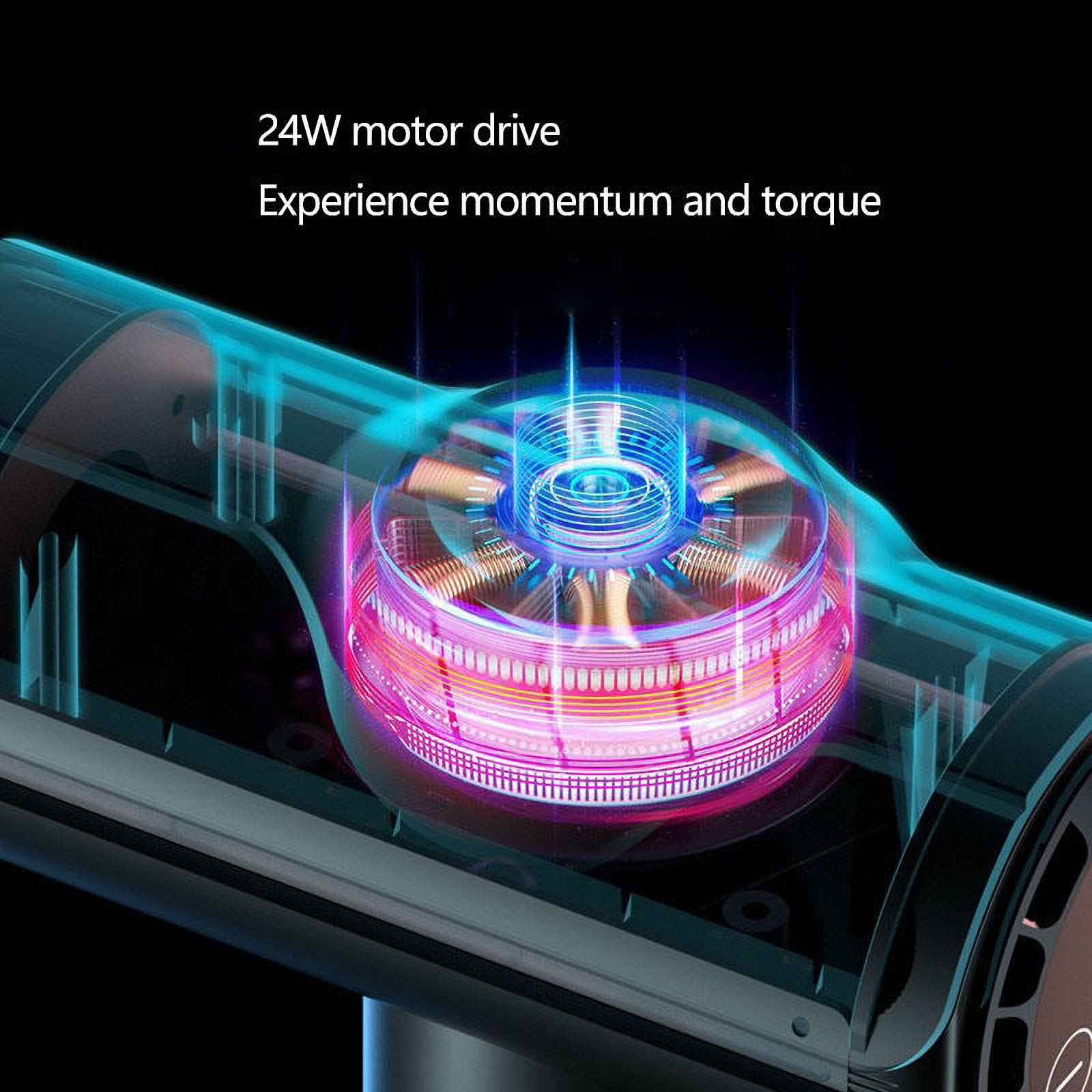 Ein Elektromotor mit blau und pink leuchtenden Details wird gezeigt. Text lautet: '24W Motorantrieb. Erleben Sie Schwung und Drehmoment.'
