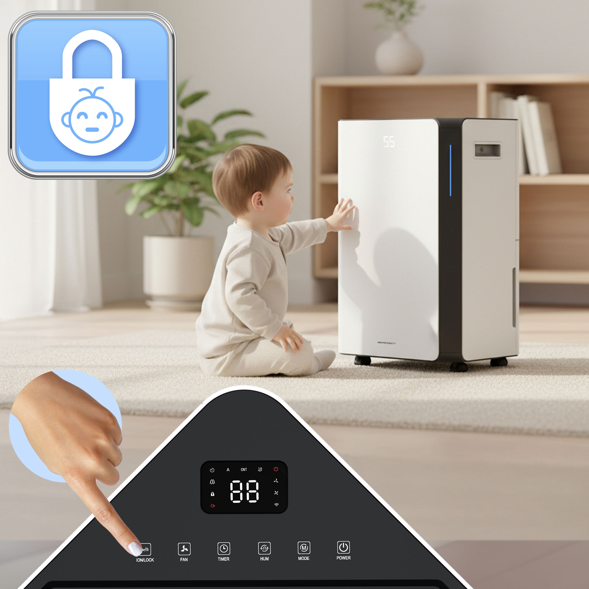 Dziecko dotyka biały oczyszczacz powietrza. Ręka naciska przycisk jon/blokada. Pokazana jest ikona kłódki z twarzą dziecka.