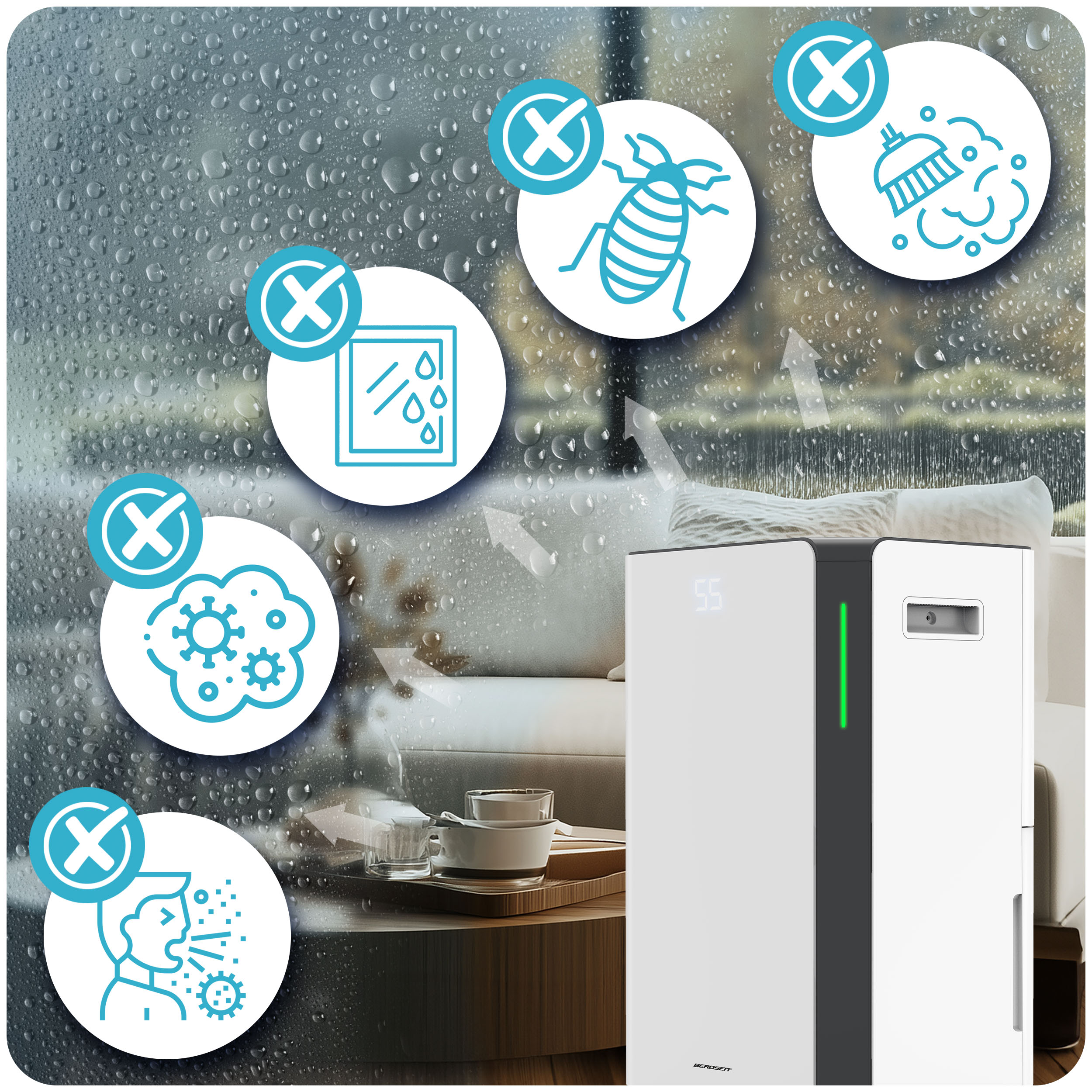 Obraz przedstawia nawilżacz z zaznaczeniami wskazującymi jego korzyści. W tle znajduje się okno.