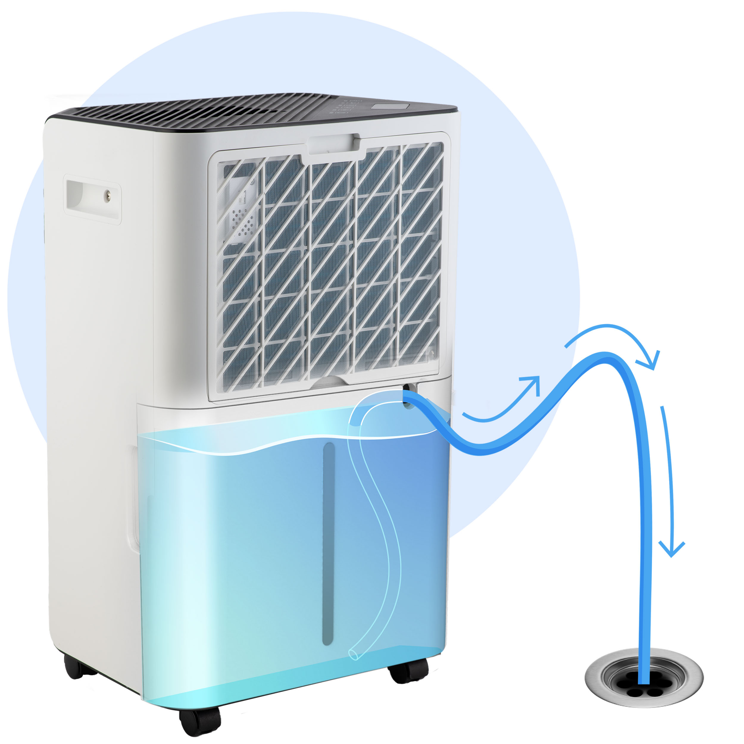 Biały osuszacz powietrza ze zbiornikiem na wodę i wężem odprowadzającym do zlewu. Niebieskie strzałki pokazują przepływ wody.