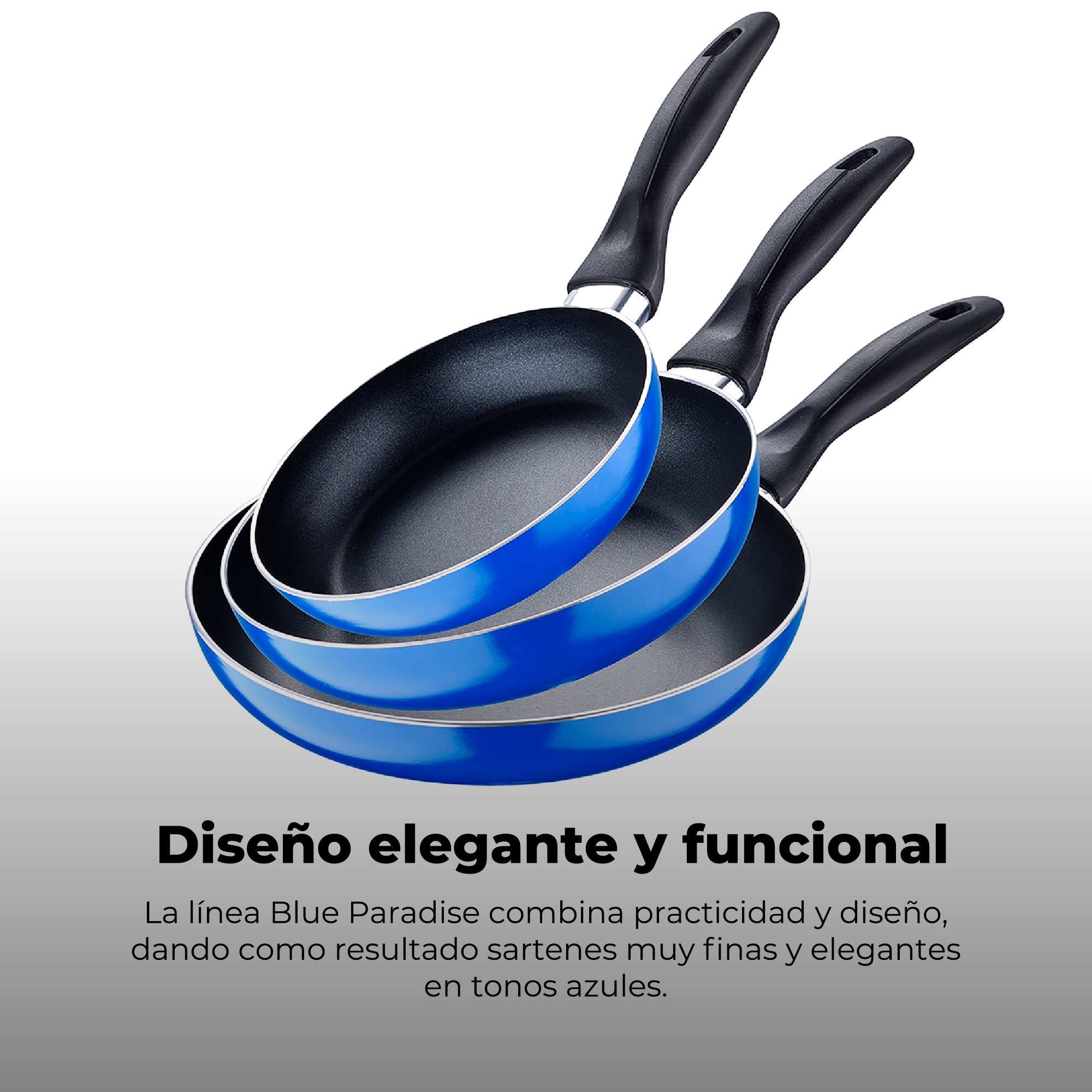 Tres sartenes azules apiladas. Mangos negros y bordes azules. Fondo blanco con texto en la parte inferior.