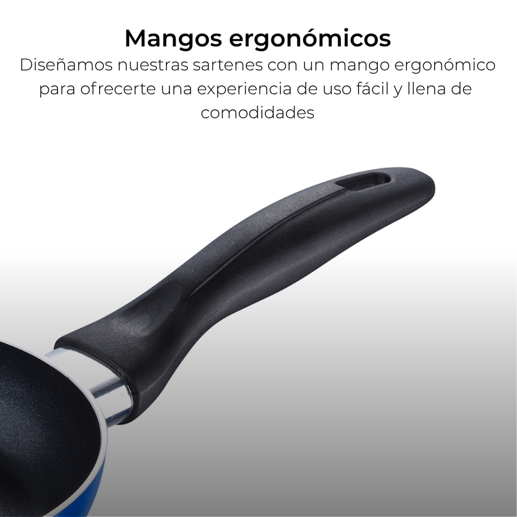 Mango negro de sartén sobre fondo blanco y gris. Texto arriba: mangos ergonómicos.