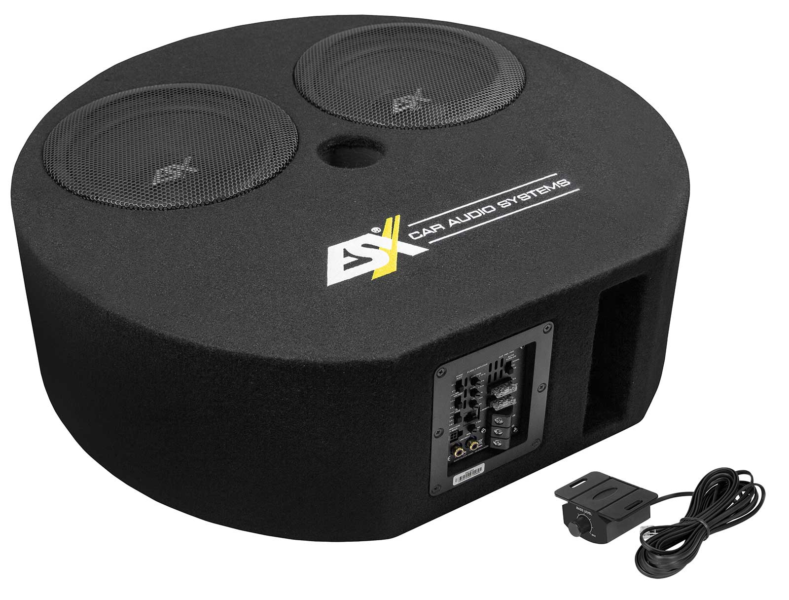 Schwarzer Subwoofer mit zwei Lautsprechern, ESX-Logo und Steuermodul. Mit Mesh-Front und einem Drehknopf.