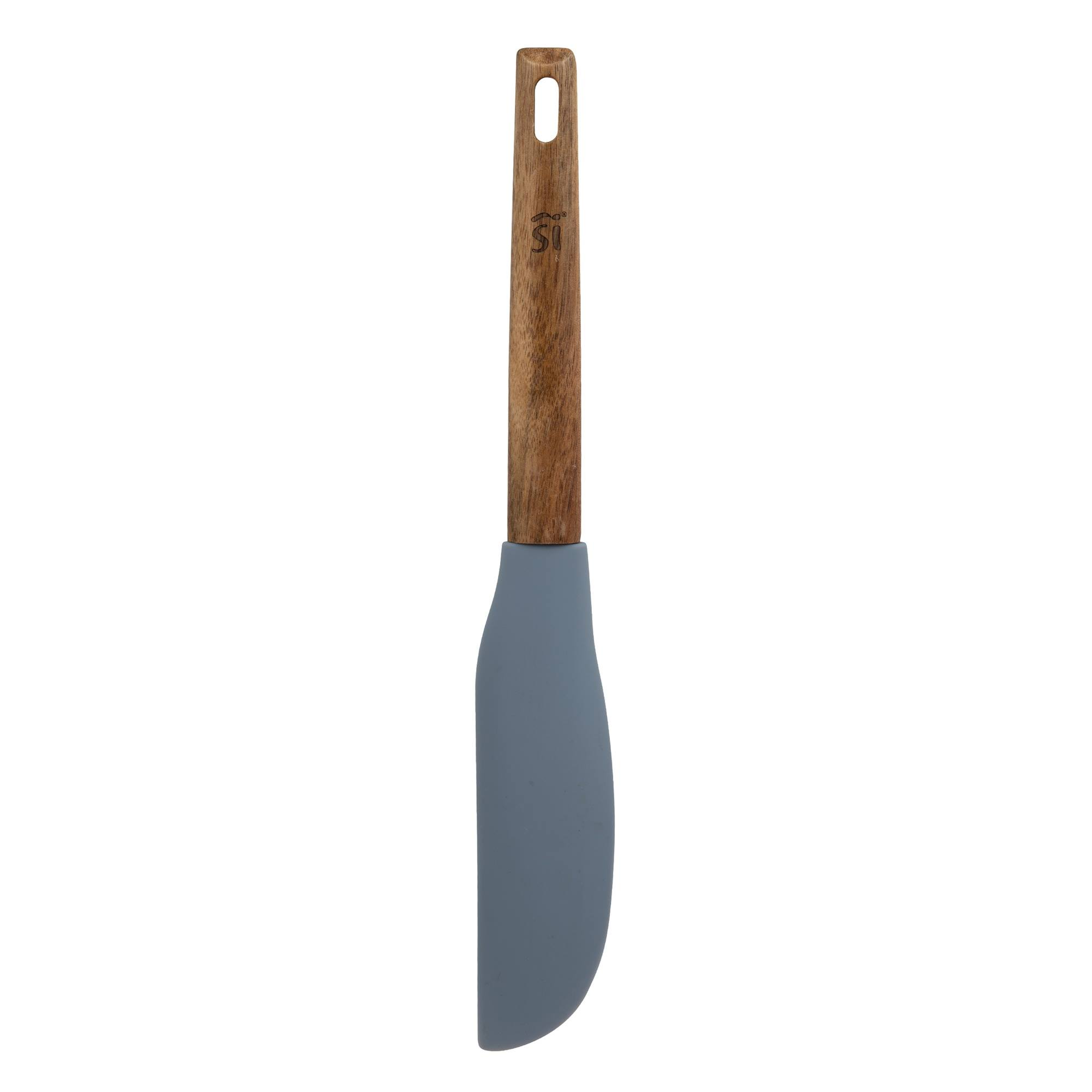 Una espátula con cabeza de silicona gris y mango de madera. El mango tiene un agujero en la parte superior.