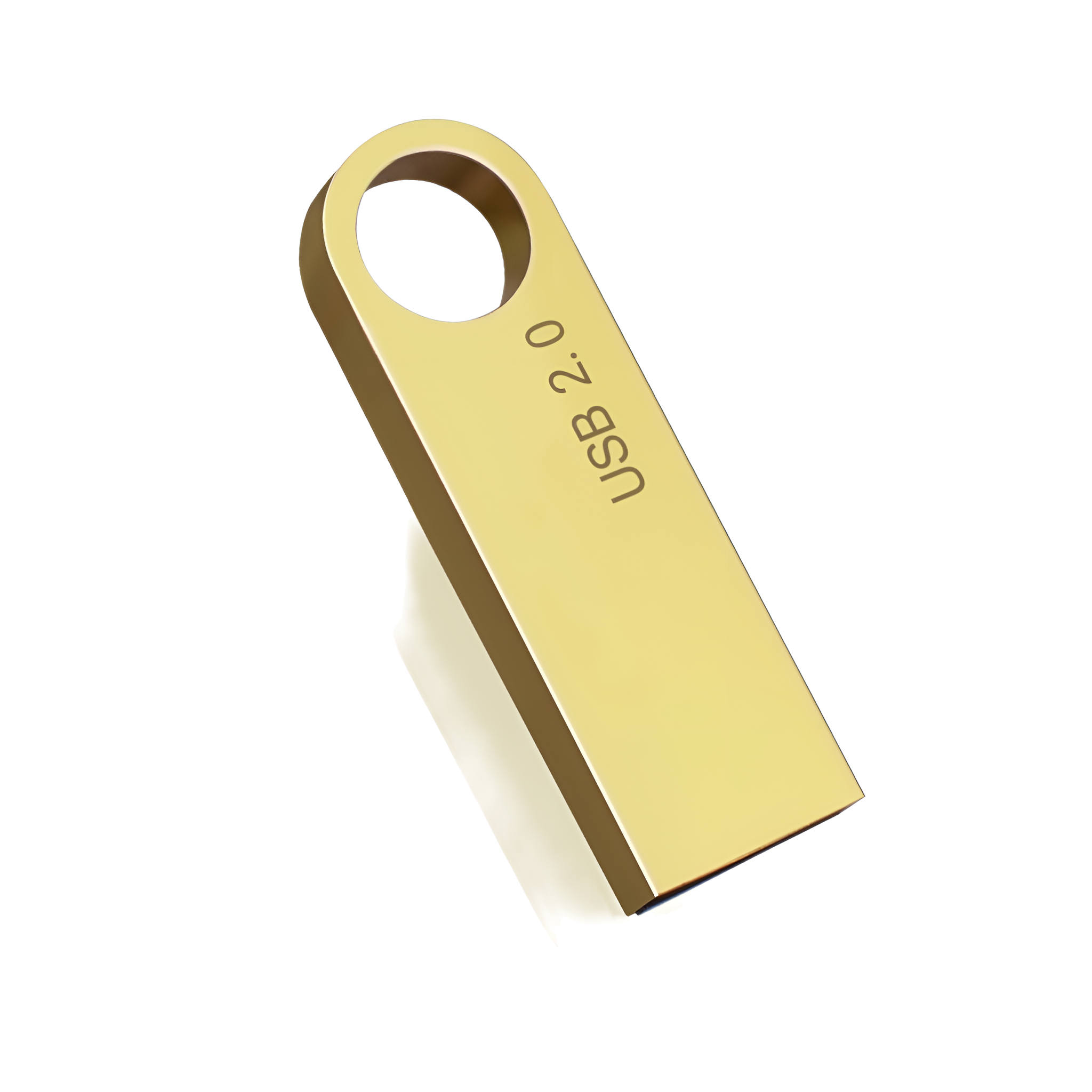 Ein goldener USB-Stick mit Schlaufe, beschriftet mit 'USB 2.0', isoliert auf weißem Hintergrund.