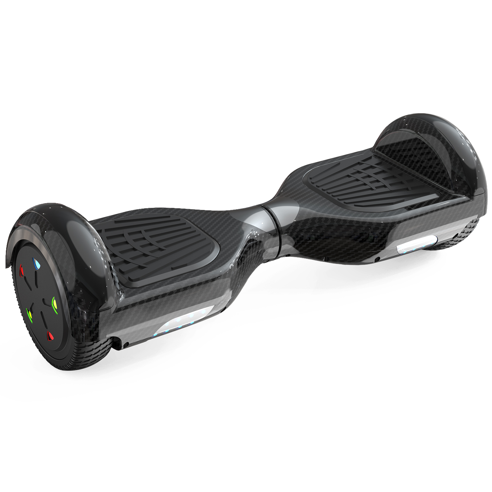 Un hoverboard nero con un motivo in fibra di carbonio. Ha due ruote, pedane e luci.