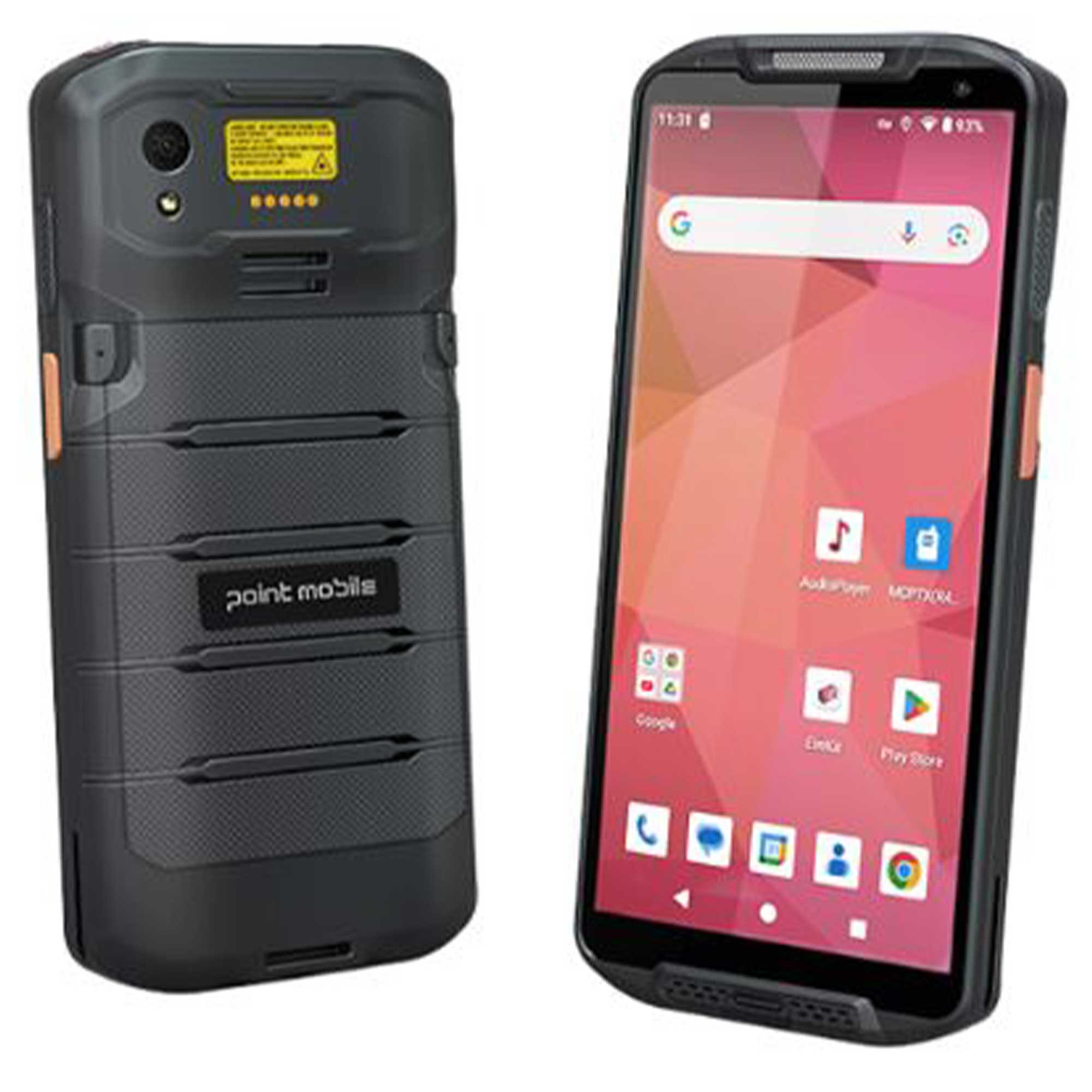 İki siyah akıllı telefon. Birinde Point Mobile logosu, diğerinde ekranında uygulama simgeleri.