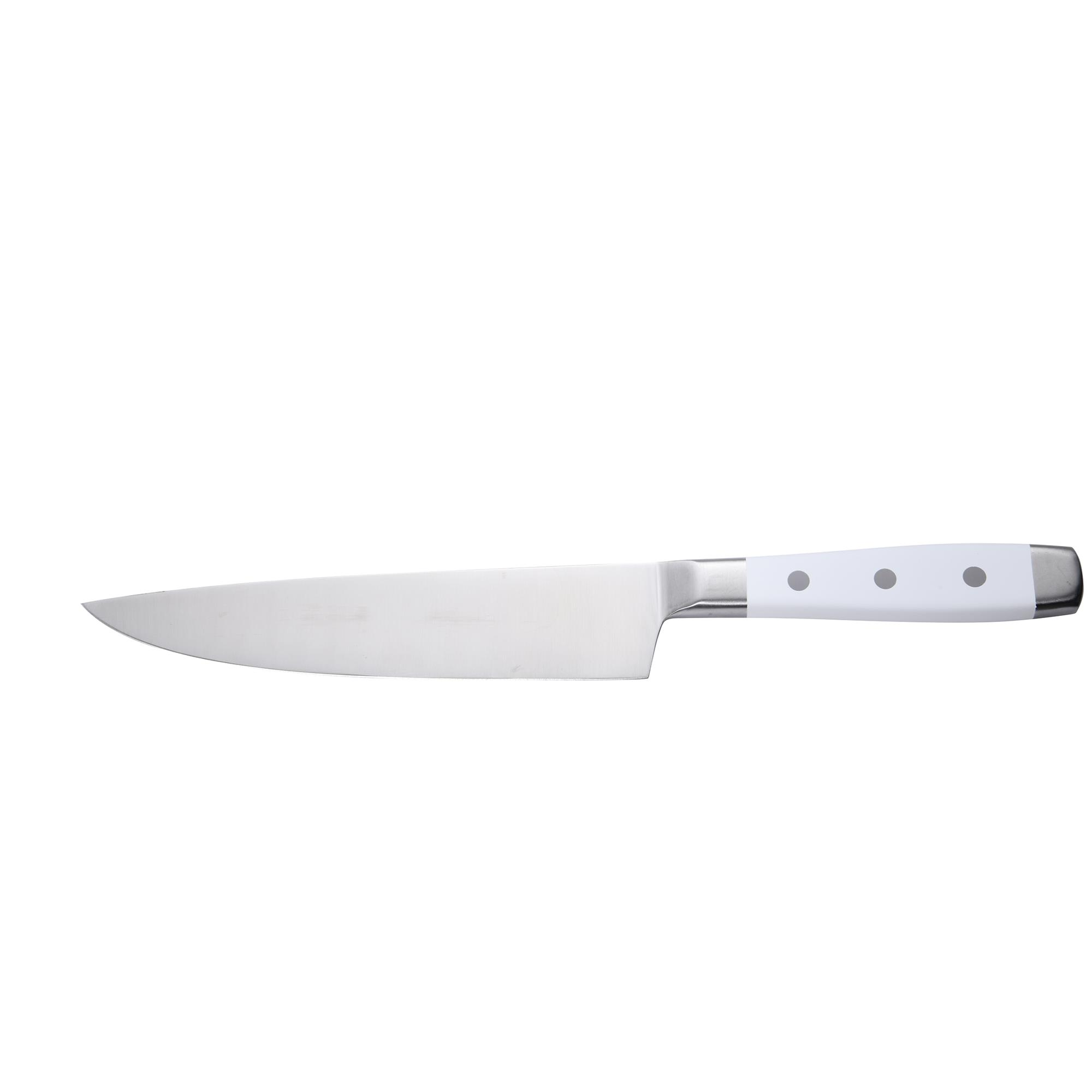 Un cuchillo de cocina de acero inoxidable con mango blanco y tres remaches. La hoja es afilada y puntiaguda.