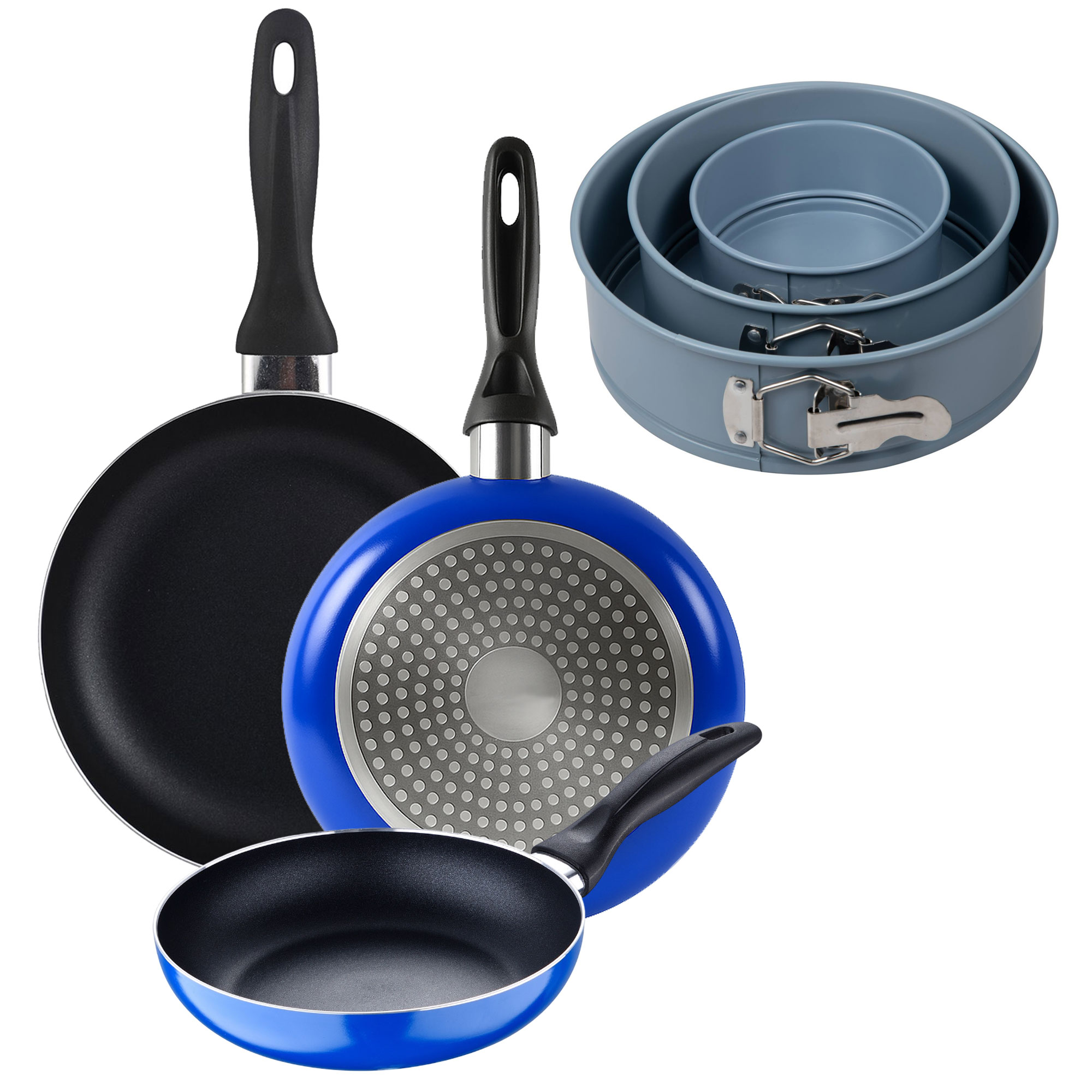 Juego de utensilios de cocina, incluyendo sartenes y moldes para pasteles, sobre fondo blanco.