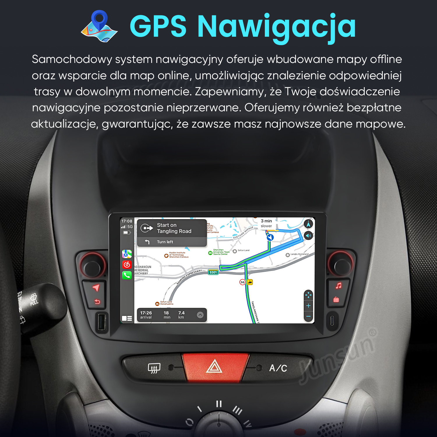 Panel samochodu z nawigacją GPS. Ekran pokazuje mapę z trasą. Widoczne przyciski i elementy sterujące.